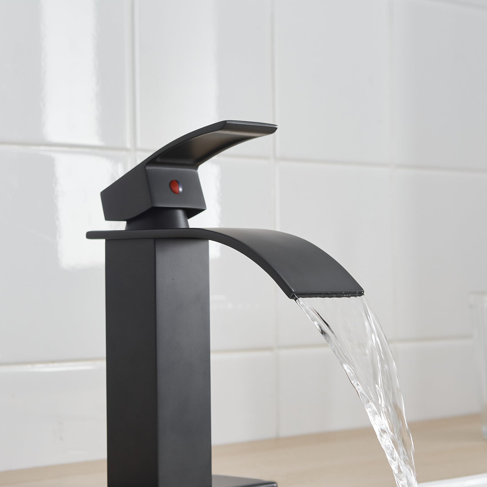 Matte Black Waterfall Single Handle Low Arc Bathroom Faucet With Drain Matte Black Brass