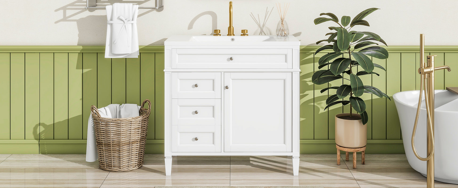 36'' Bathroom Vanity With Top Sink, Modern Bathroom Storage Cabinet With 2 Drawers And A Tip Out Drawer, Single Sink Bathroom Vanity White Bathroom Solid Wood Mdf Ceramic,Solid Wood Mdf