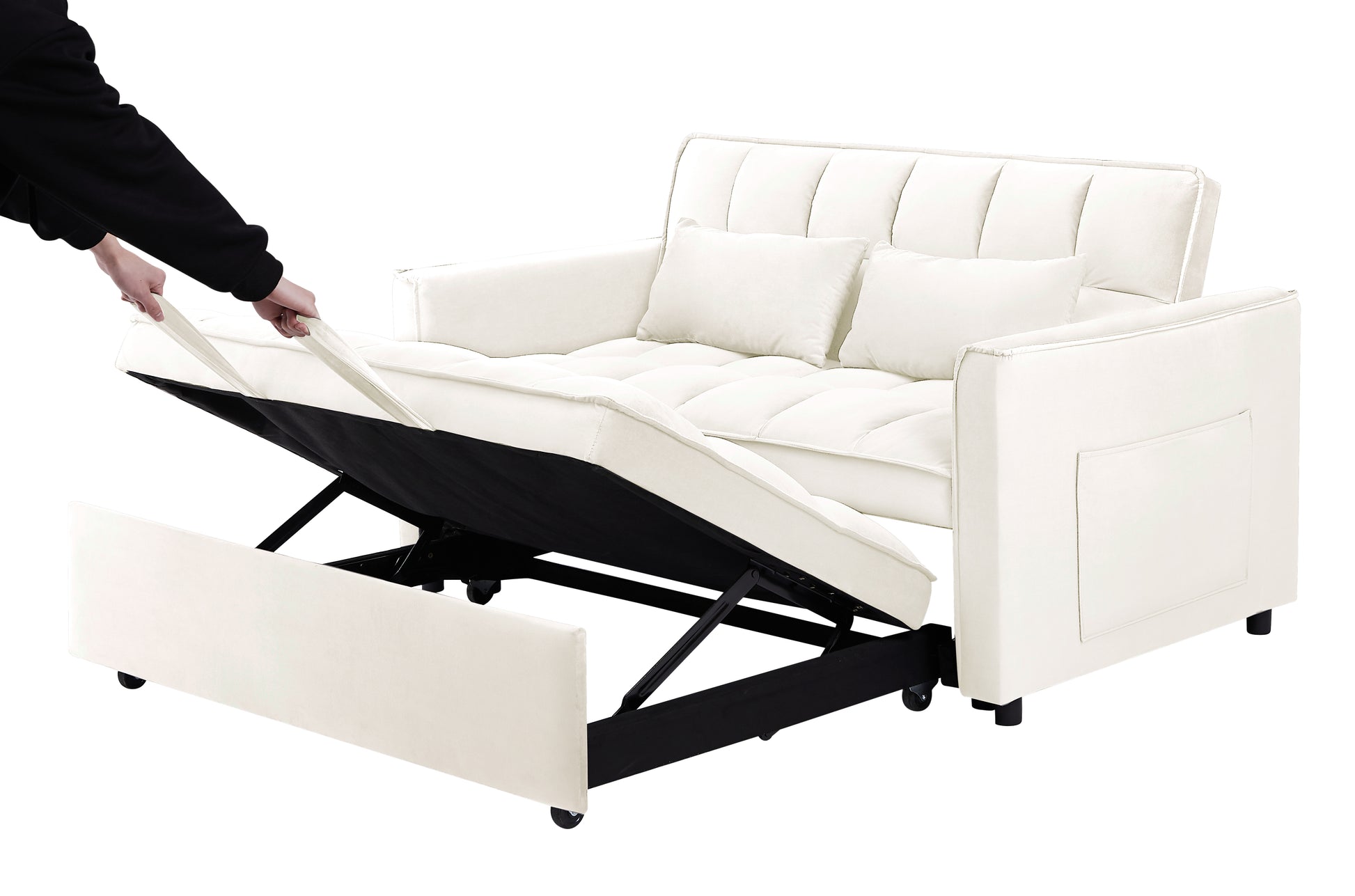 55.1 Inch 3 In 1 Convertible Sofa Bed, Modern Velvet Double Sofa Futon Sofa Bed With Adjustable Back, Storage Bag And Pillow, For Living Room, Bedroom Off White Light Brown Wood Primary Living Space Medium Duty Eucalyptus 2 Seat Beige White Velvet Soft