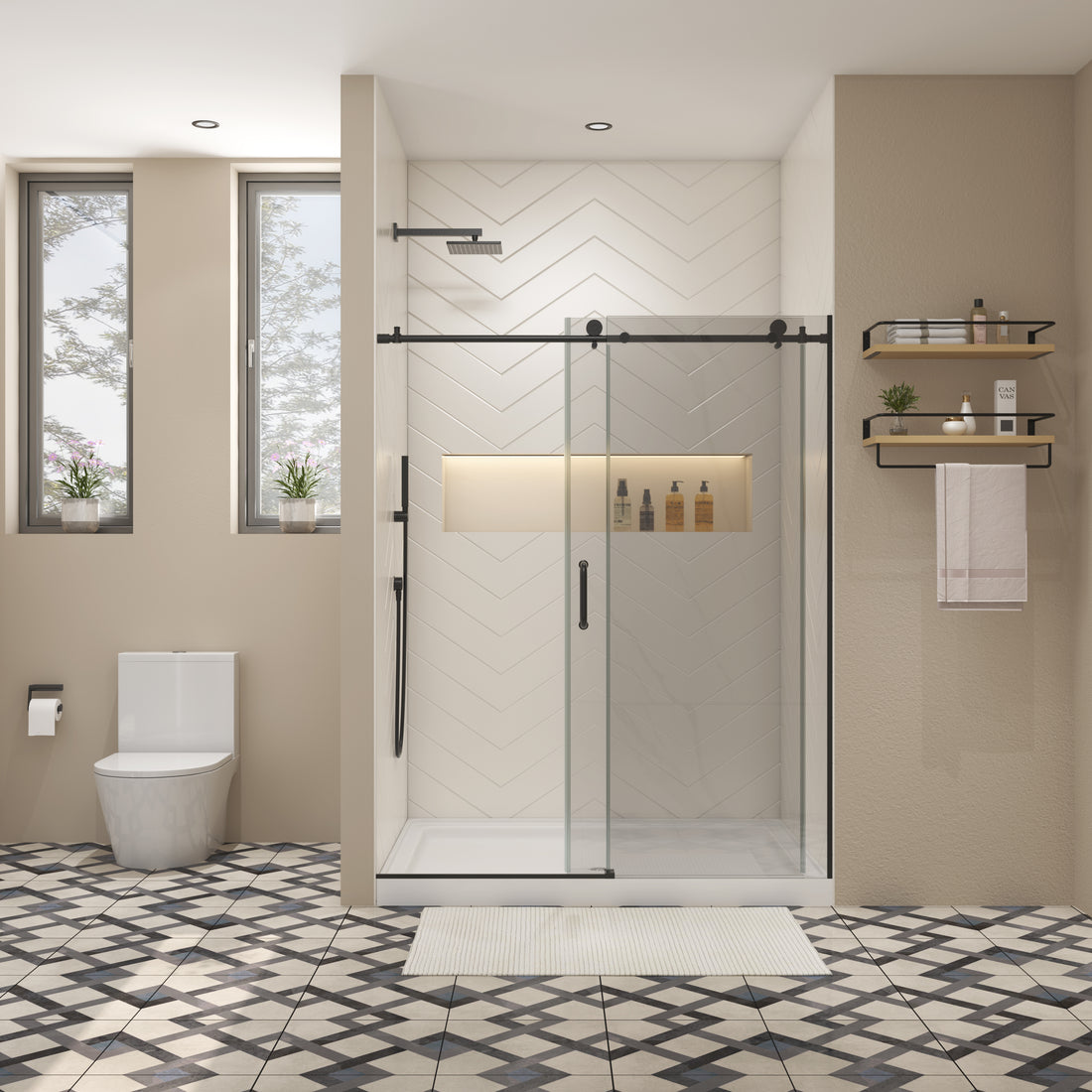 Glass Shower Door, Sliding Door, With 5 16" Tempered Glass And Matted Black Finish Matte Black Stainless Steel