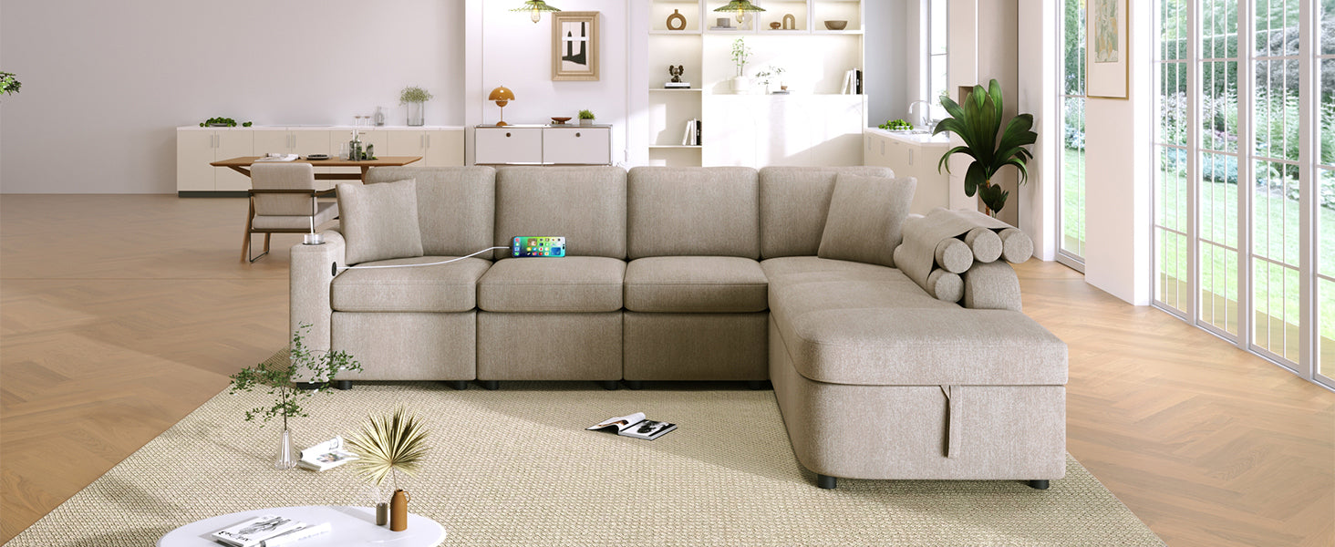 109.8"L Shaped Couch Sectional Sofa With Storage Chaise,Cup Holder And Usb Ports For Living Room, Beige Beige Foam Chenille 4 Seat