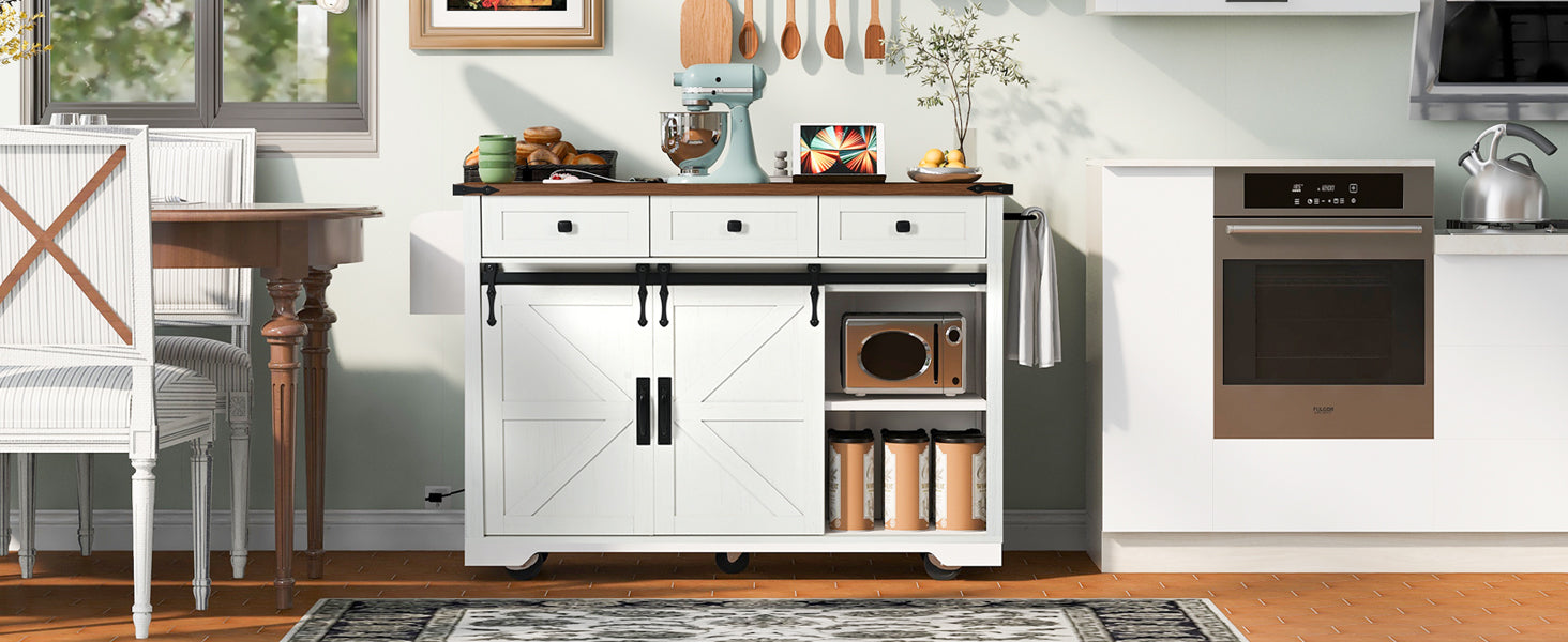 K&K 53.7" Farmhouse Kitchen Island With Power Outlet, 2 Sliding Barn Door Kitchen Storage Island With Drop Leaf, Spice Rack Rolling Kitchen Cart On Wheels, For Home, Kitchen And Dining Room, White