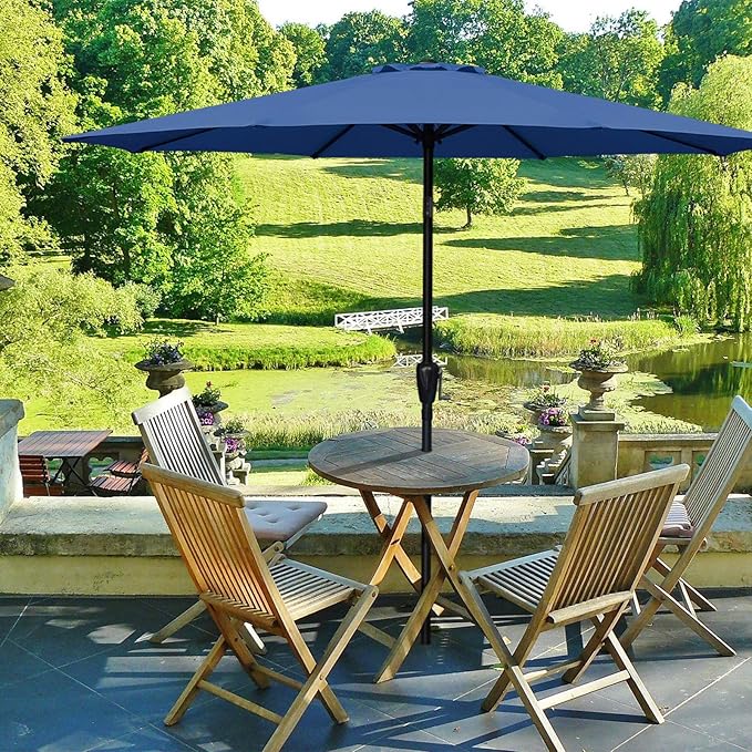 Outdoor Market Table Patio Umbrella With Button Tilt, Crank And 8 Sturdy Ribs For Garden, Deck, Lawn, Backyard & Pool Blue Stainless Steel