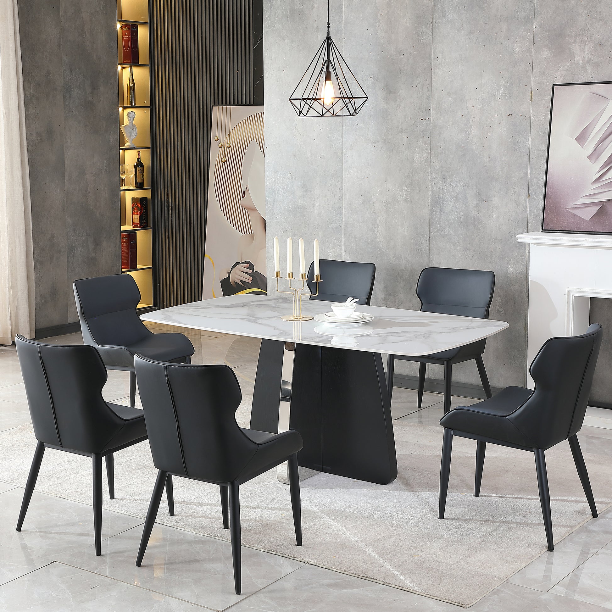 Modern Dining Table For 6, White Dining Table Sintered Stone Dining Table Top With Stainless Steel Base, 63 Inch Modern Luxury White Rectangular Dining Table 6 Chairs Black Dark Walnut,Black White