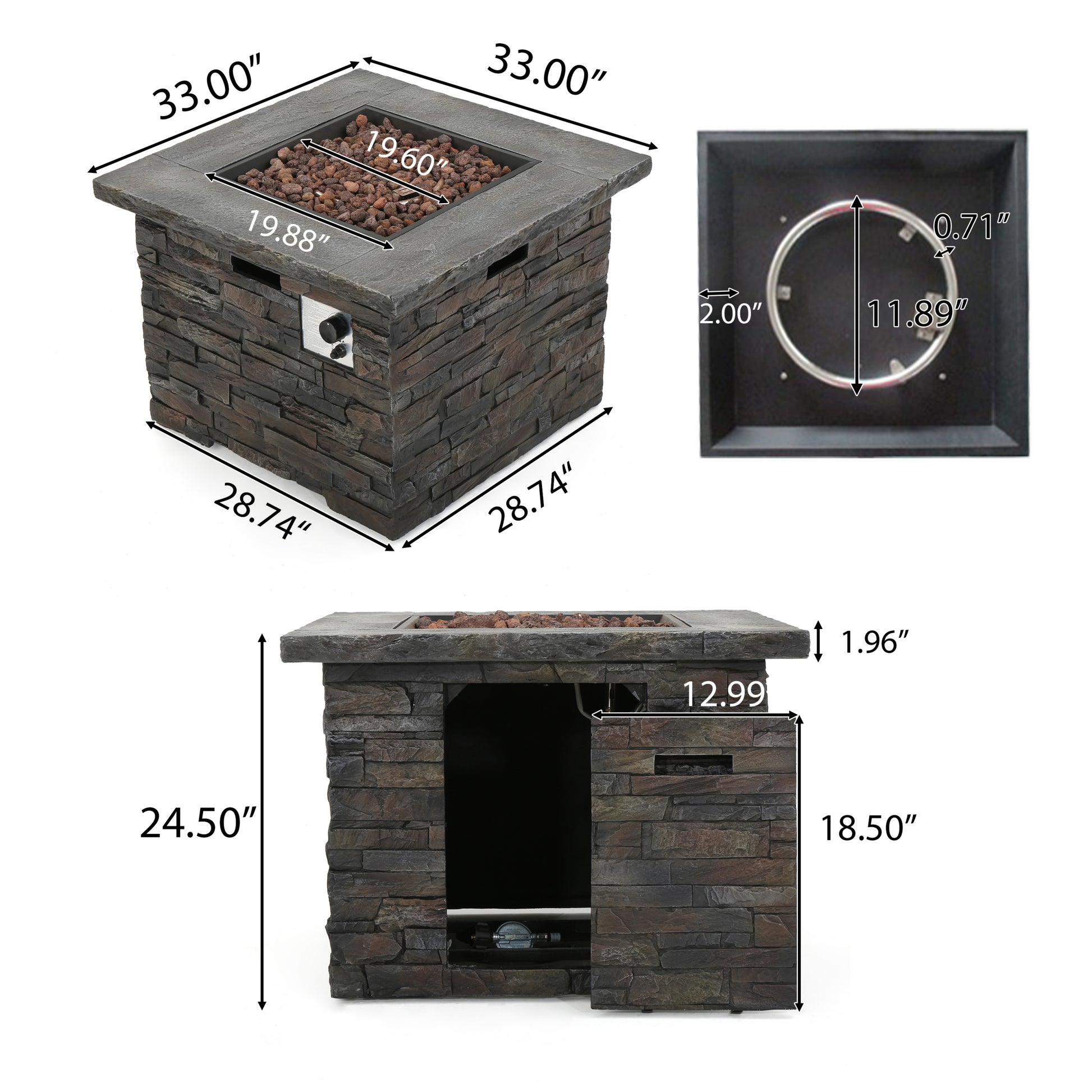 35" Square Mgo Fire Pit 40000 Btu Stone Gray Magnesium Oxide