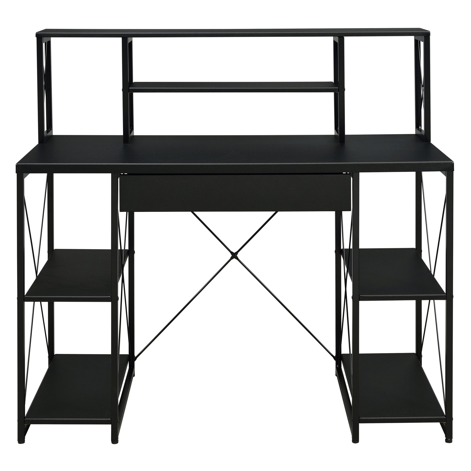 Black Office Desk With Open Shelves And Hutch Black Writting Desk Office Rectangular Shelves Wood Metal Sled