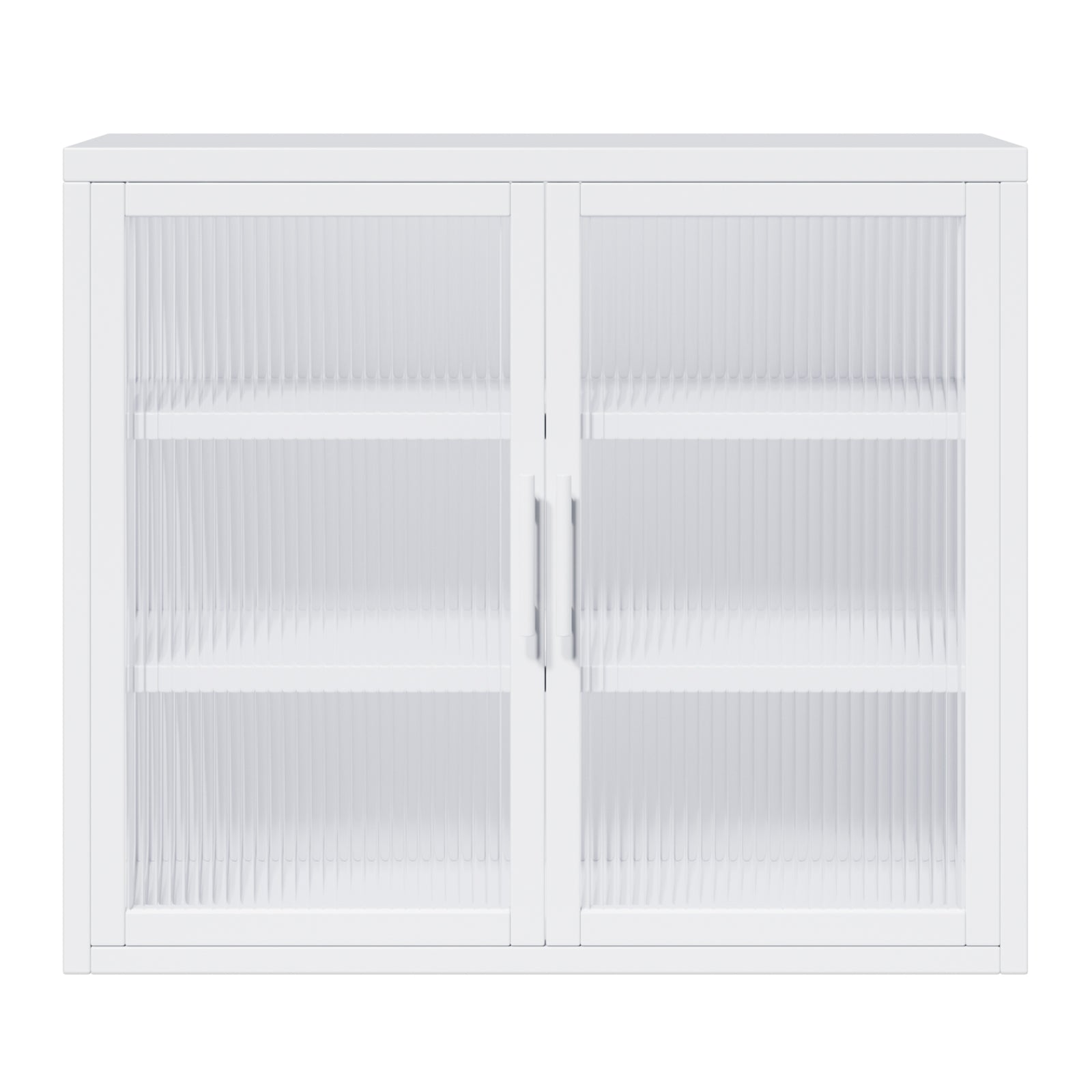 Retro Style Haze Double Glass Door Wall Cabinet With Detachable Shelves For Office, Dining Room,Living Room, Kitchen And Bathroom White Color White Tempered Glass Sheet Metal Plastic