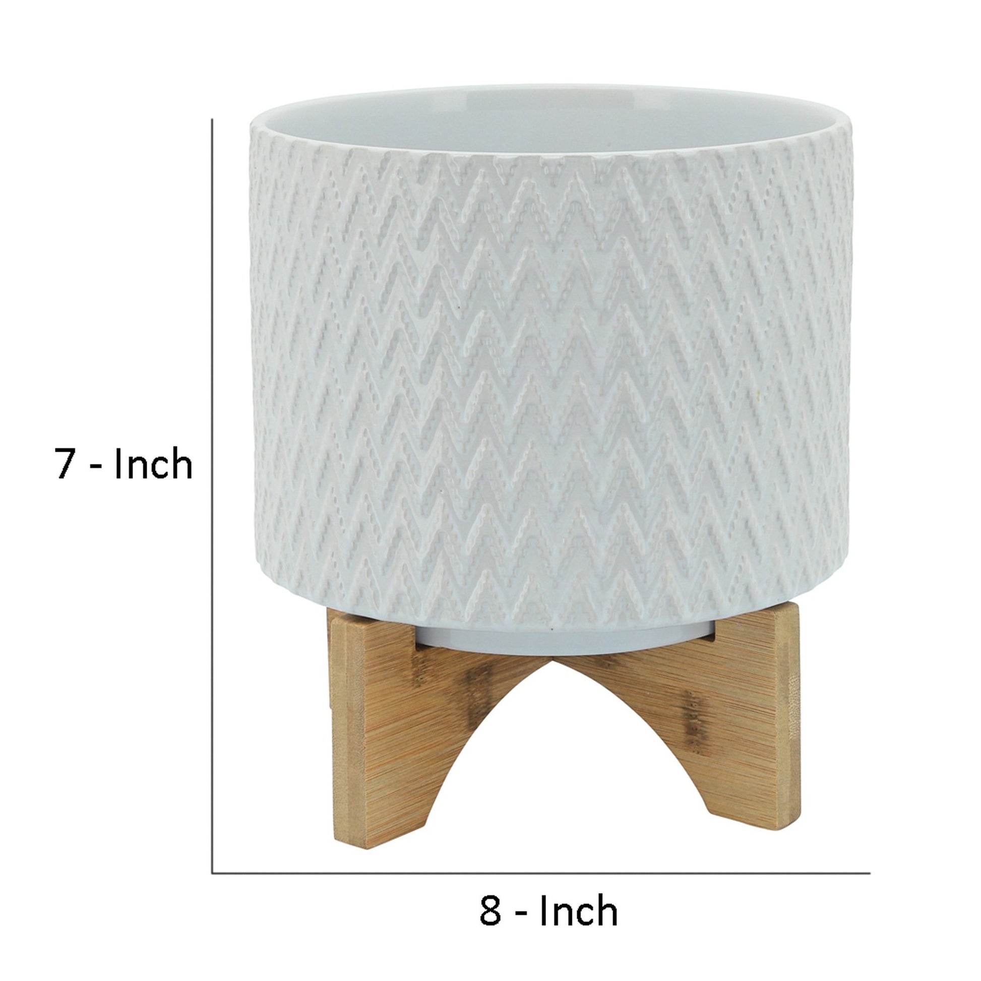 Ceramic Planter With Chevron Pattern And Wooden Stand, Small, White White Wood