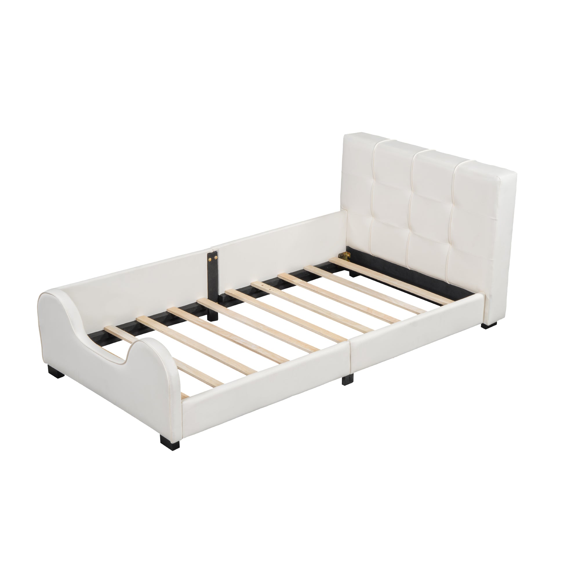 Twin Size Upholstered Platform Bed With Guardrail, White Box Spring Not Required Twin White Wood Faux Leather Upholstered