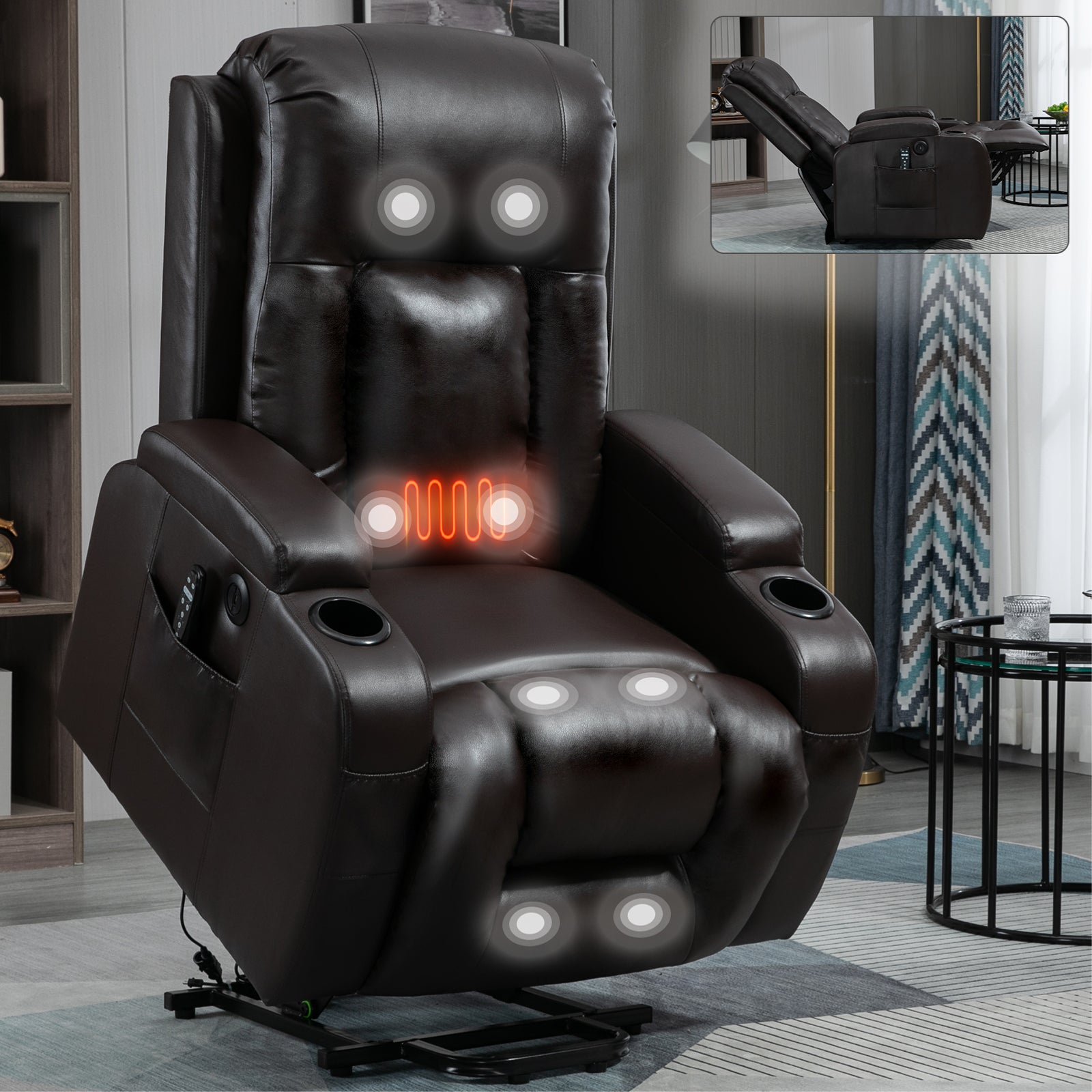 Infinite Position Up To 350 Lbs Power Lift Recliner Chair For Elderly, Heavy Duty Motion Mechanism With 8 Point Vibration Massage And Lumbar Heating, Usb Charging Port, Cup Holders, Brown White Metal Primary Living Space Heavy Duty Pine Brown Faux