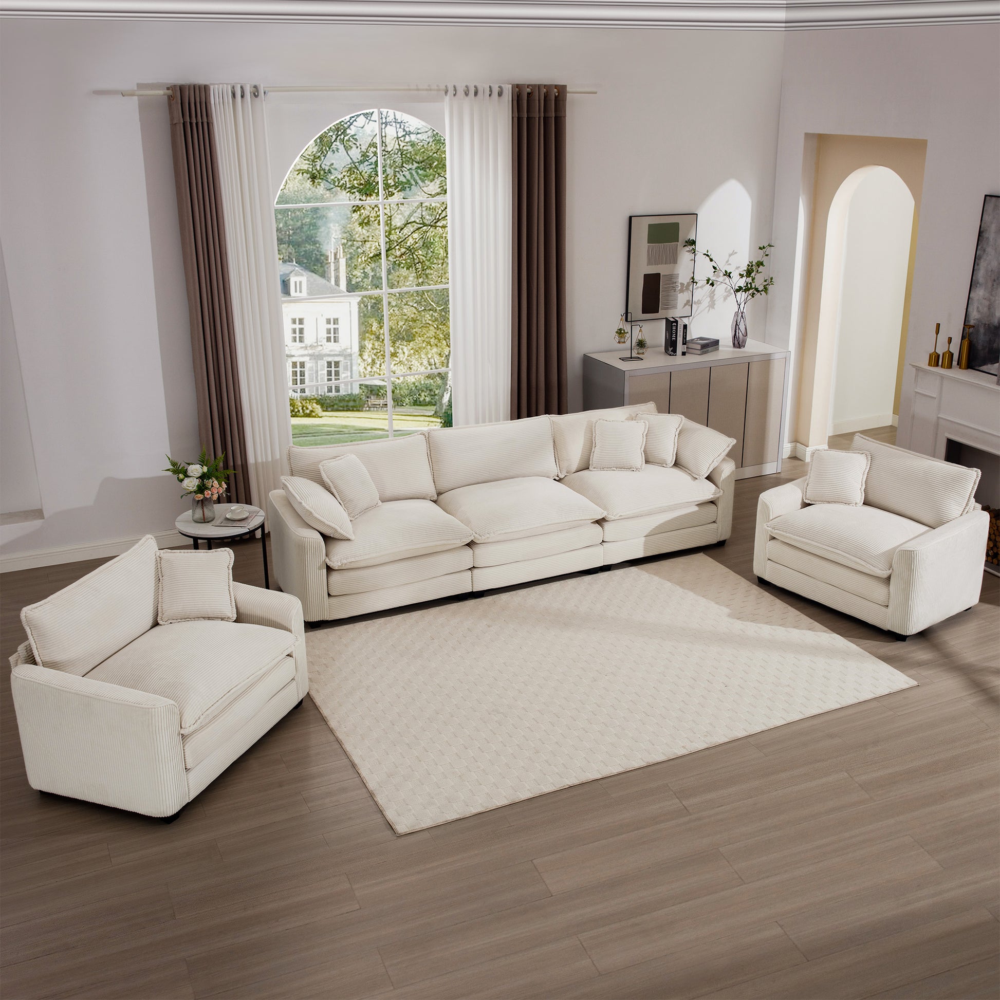 Luxurious And Sophisticated Sofa Set With Soft Cushions And Pillows, 3 Pieces Sofa Set Consisting Of Two Single Sofas And A 3 Seater Sofa In Light Beige Corduroy Fabric Beige Corduroy 5 Seat