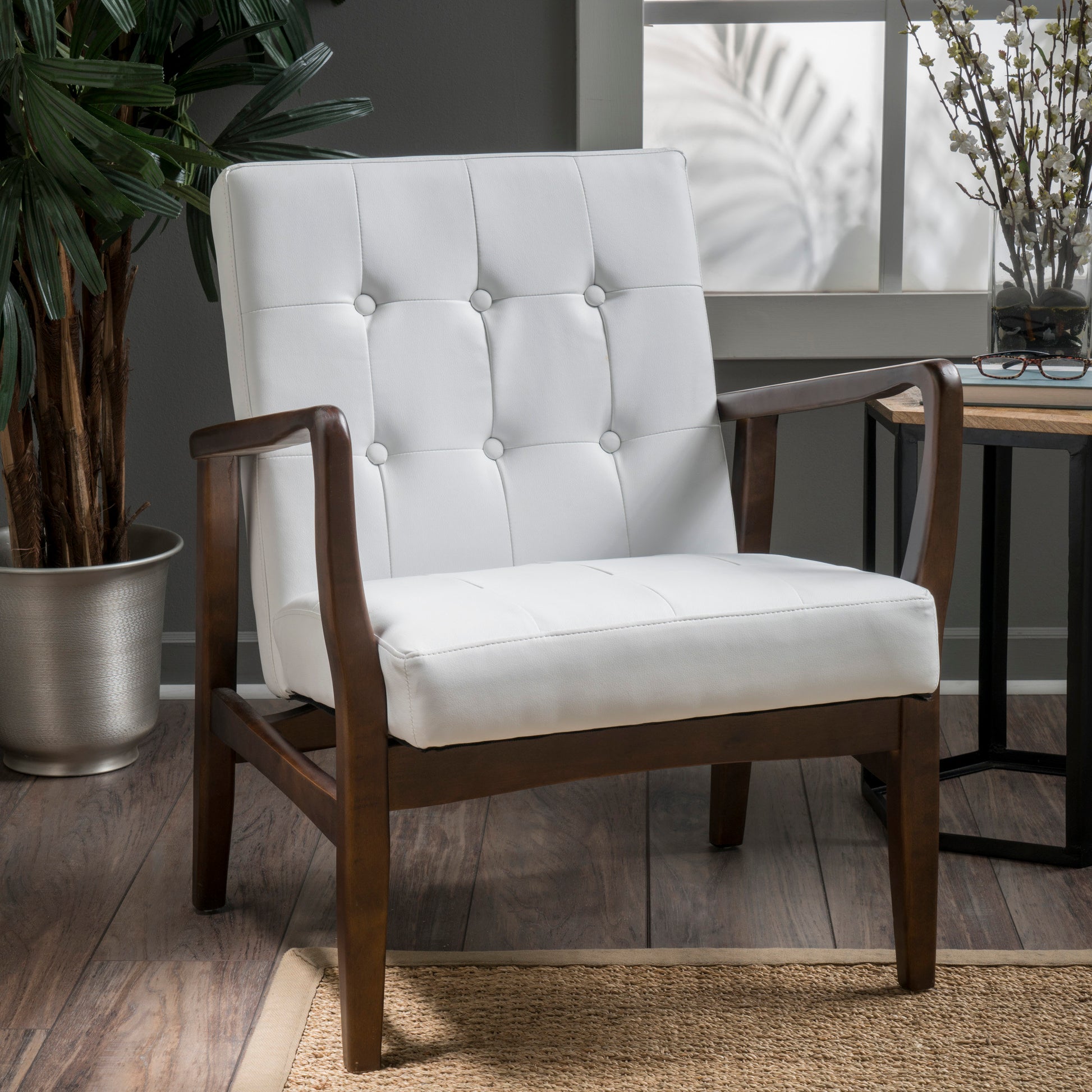 Mid Century Modern Faux Leather Club Chair With Wood Frame, White And