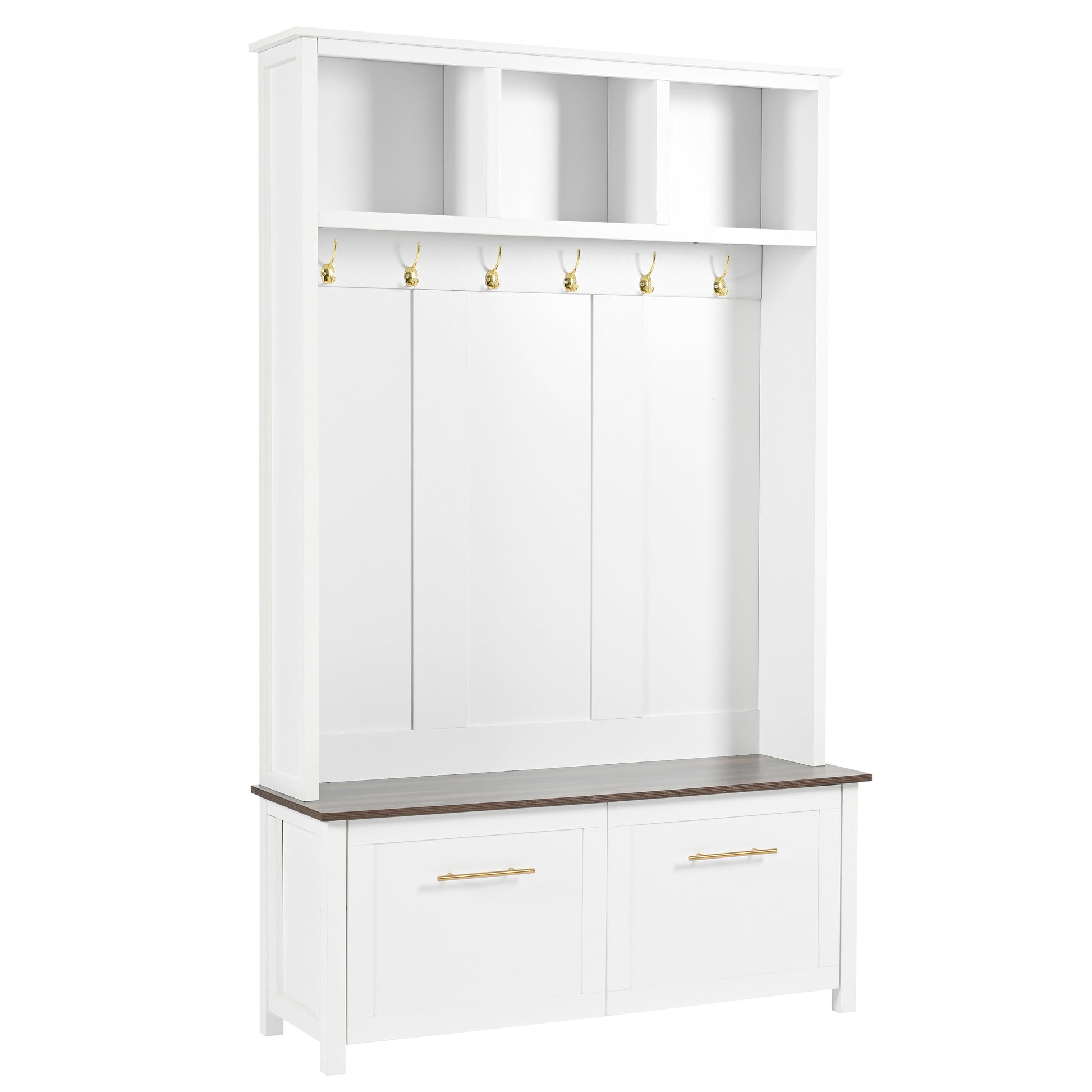 Versatile 4 In 1 Hall Tree With 6 Golden Hooks, Brown Wood Grain Bench With Multiple Storage Space, Entryway Coat Rack With 2 Drawers For Living Room, Hallway, White, 47.2''W*76.6''H White Primary