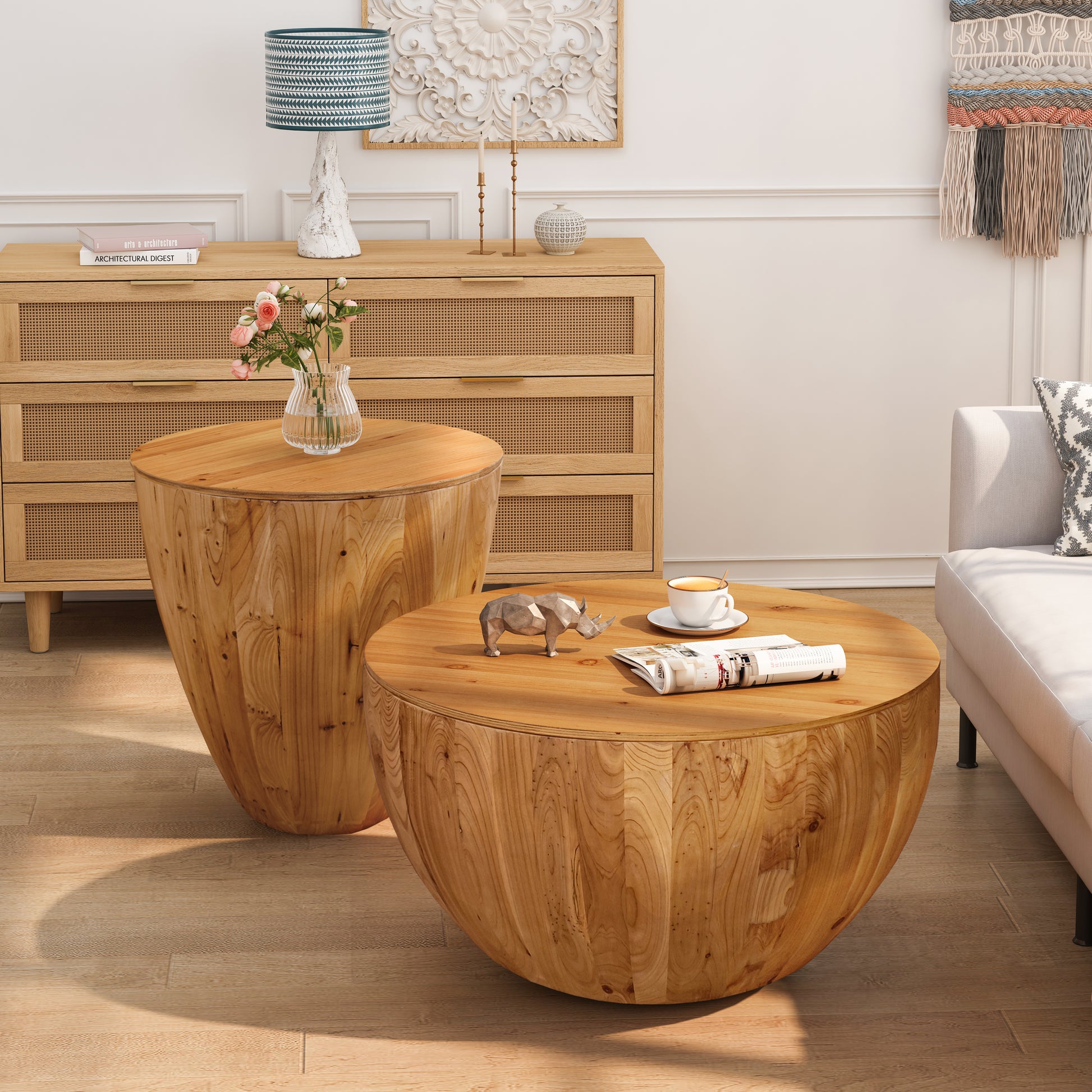 Vintage Style Bucket Shaped Coffee Table Set For Office, Dining Room And Living Room Set Of Two Pieces Same Sku:W757S00013 Natural Solid Wood Mdf