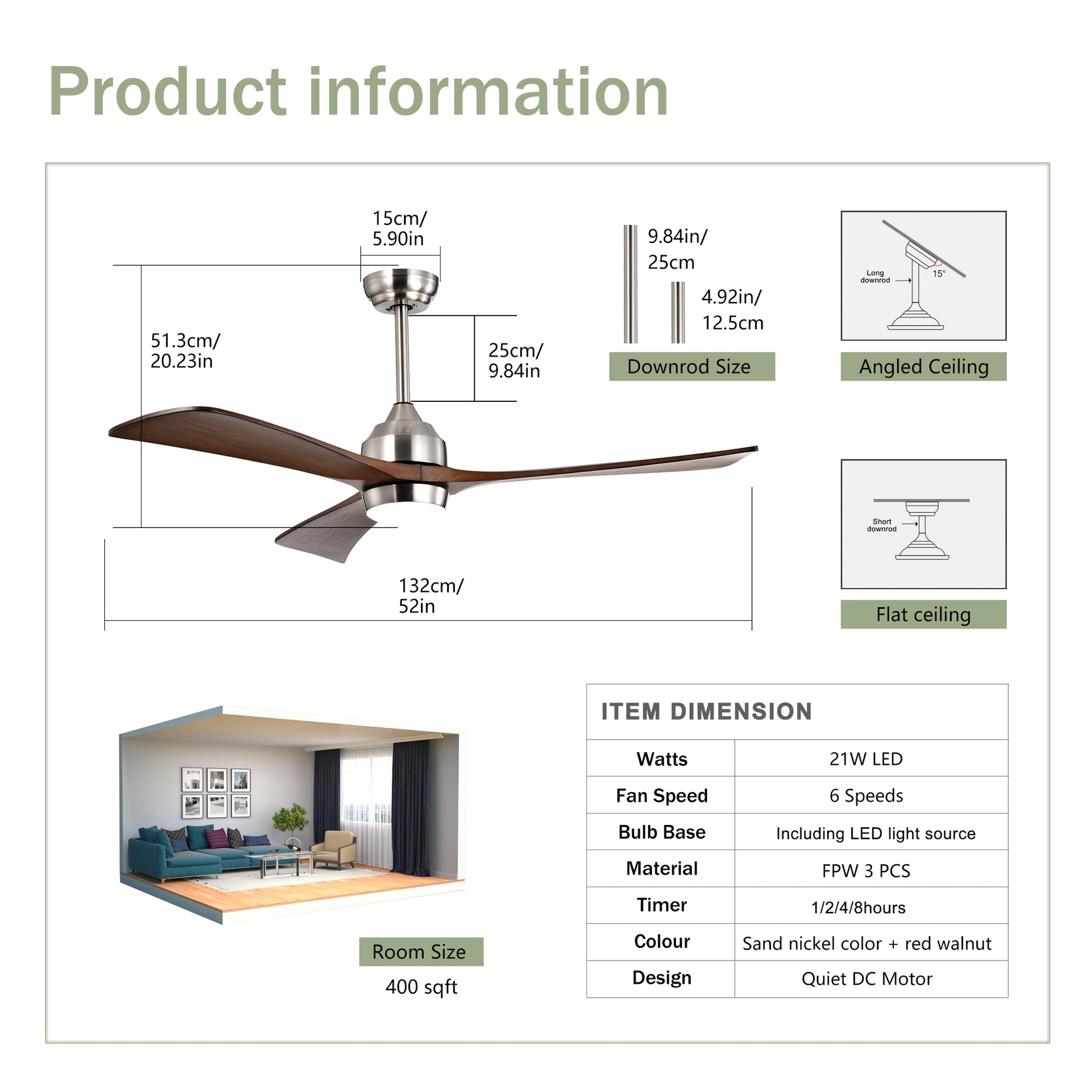 52" Ceiling Fan With Lights Remote Control,Quiet Dc Motor 3 Wood Blade Ceiling Fans 6 Speed Levels,Reversible Ceiling Fan, For Patio Living Room, Bedroom, Office,Indoor. Stain Nickel Walnut Nickel Contemporary,Farmhouse,Industrial Wood Iron