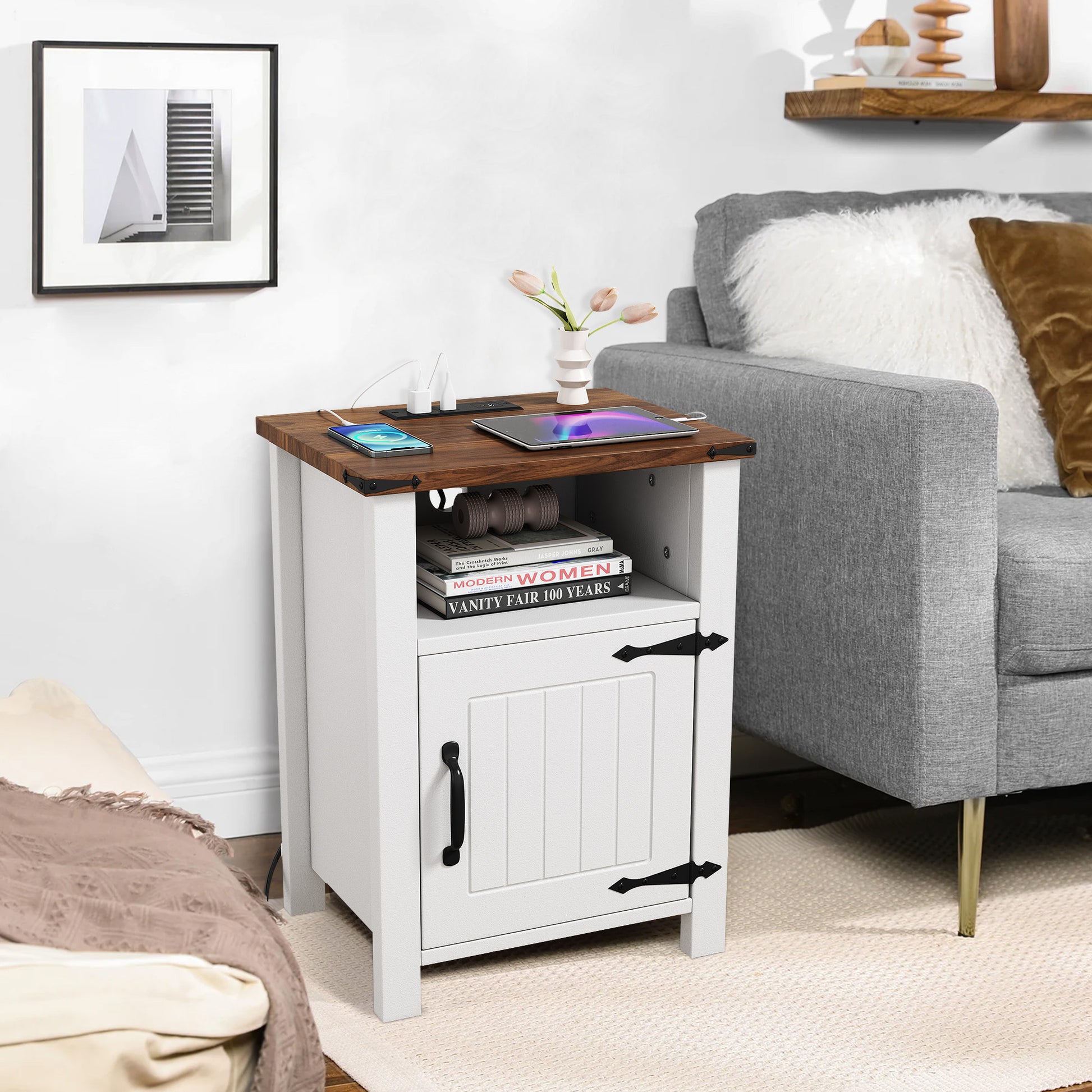 Night Stand Farmhouse Nightstand 18 Inch With Charging Station Usb Type C Port, Modern Couch End Table Side Table With Storage Shelf Magnetic Door Bedside Table For Bedroom Home Antique White Antique White Bedroom Rectangle Farmhouse,Modern Charging