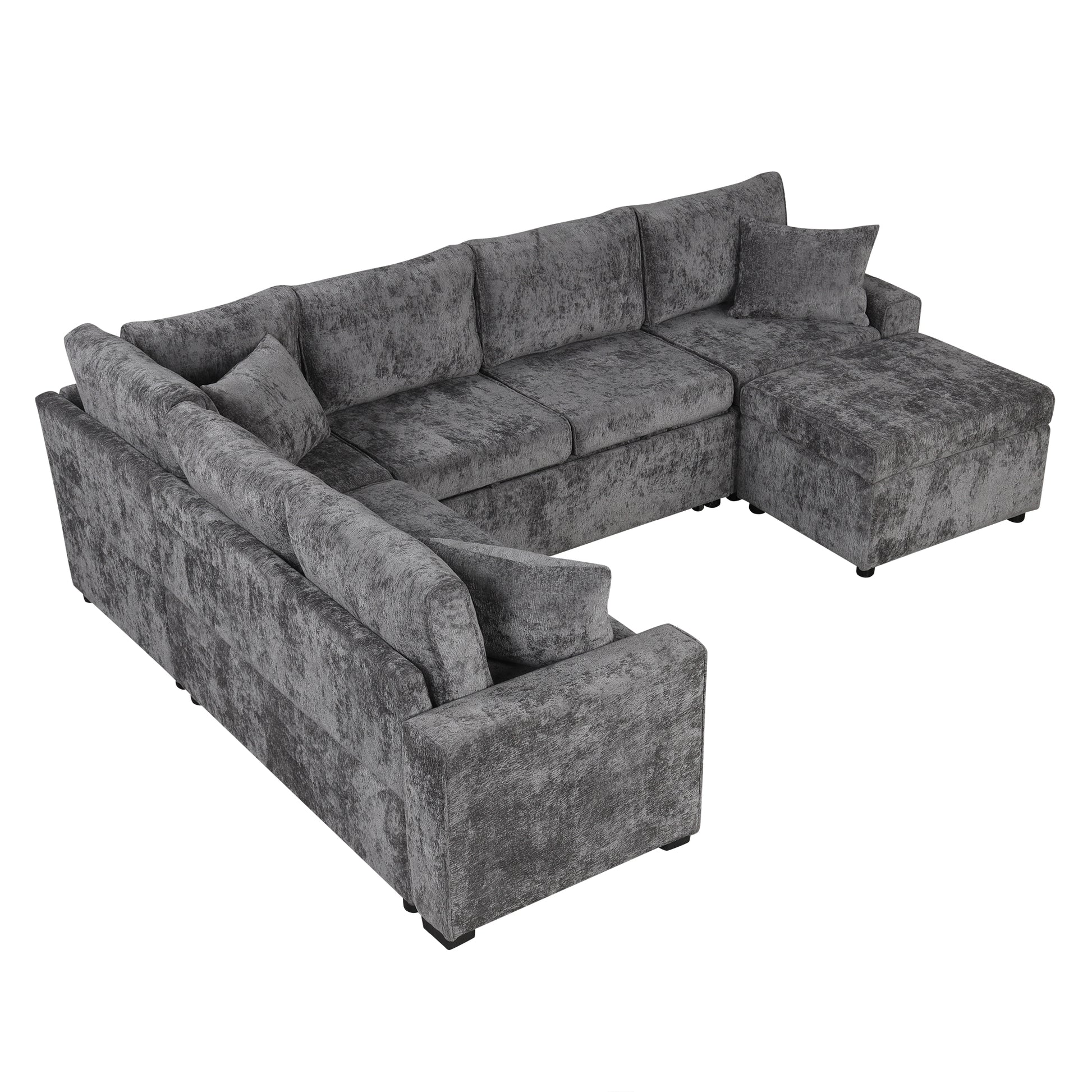 112.2" Sectional Sofa Pull Out Sofa Bed Sleeper With A Storage Ottoman,Three Pillows And Charging Devices For Living Room, Grey Grey Foam Chenille 6 Seat