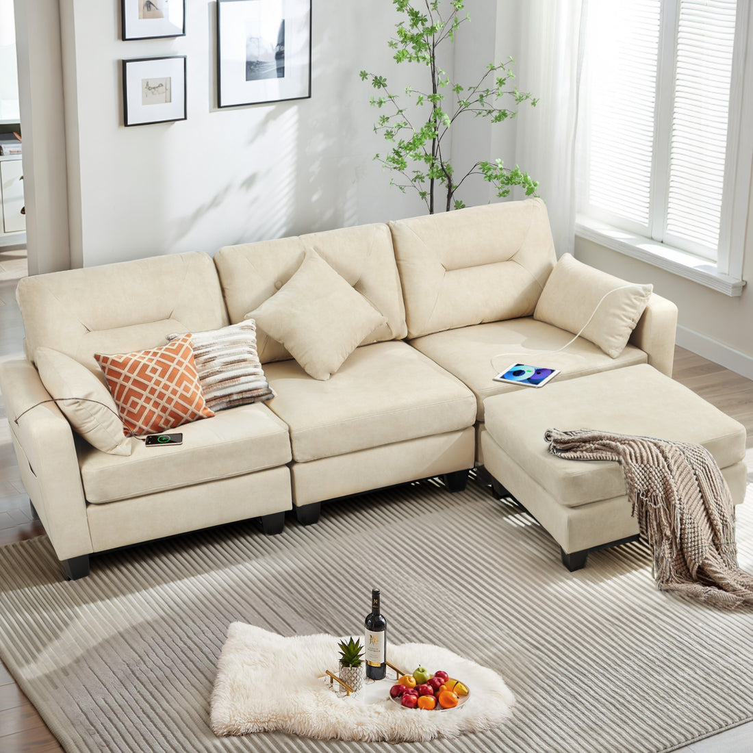 Oversized 86.1'' L Shaped Modular Sectional Couches With Usb Ports, Ottoman, Lumbar Pillows Beige Velvet Wood Primary Living Space Medium Soft Cushion Back Extra Heavy Duty Foam Foam Spring 5 Seat