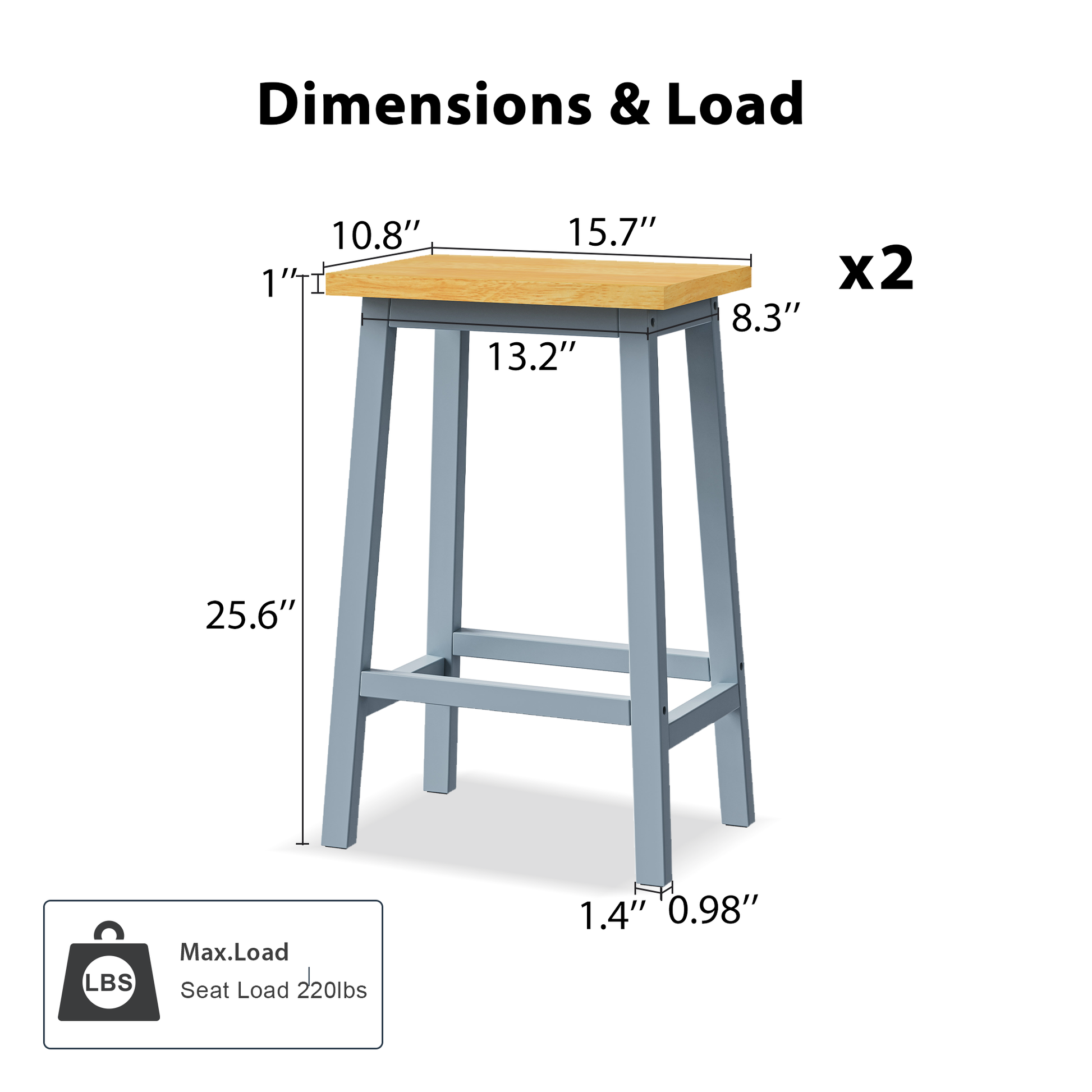 K&K Solid Wood Bar Stools Not Cheap Iron , 25.6" Tall Set Of 2 Bar Chairs, Kitchen Counter Stools With Footrests, Farmhouse Stools For Dining Room, Kitchen, Counter, Grey Blue Grey Blue Gray Kitchen