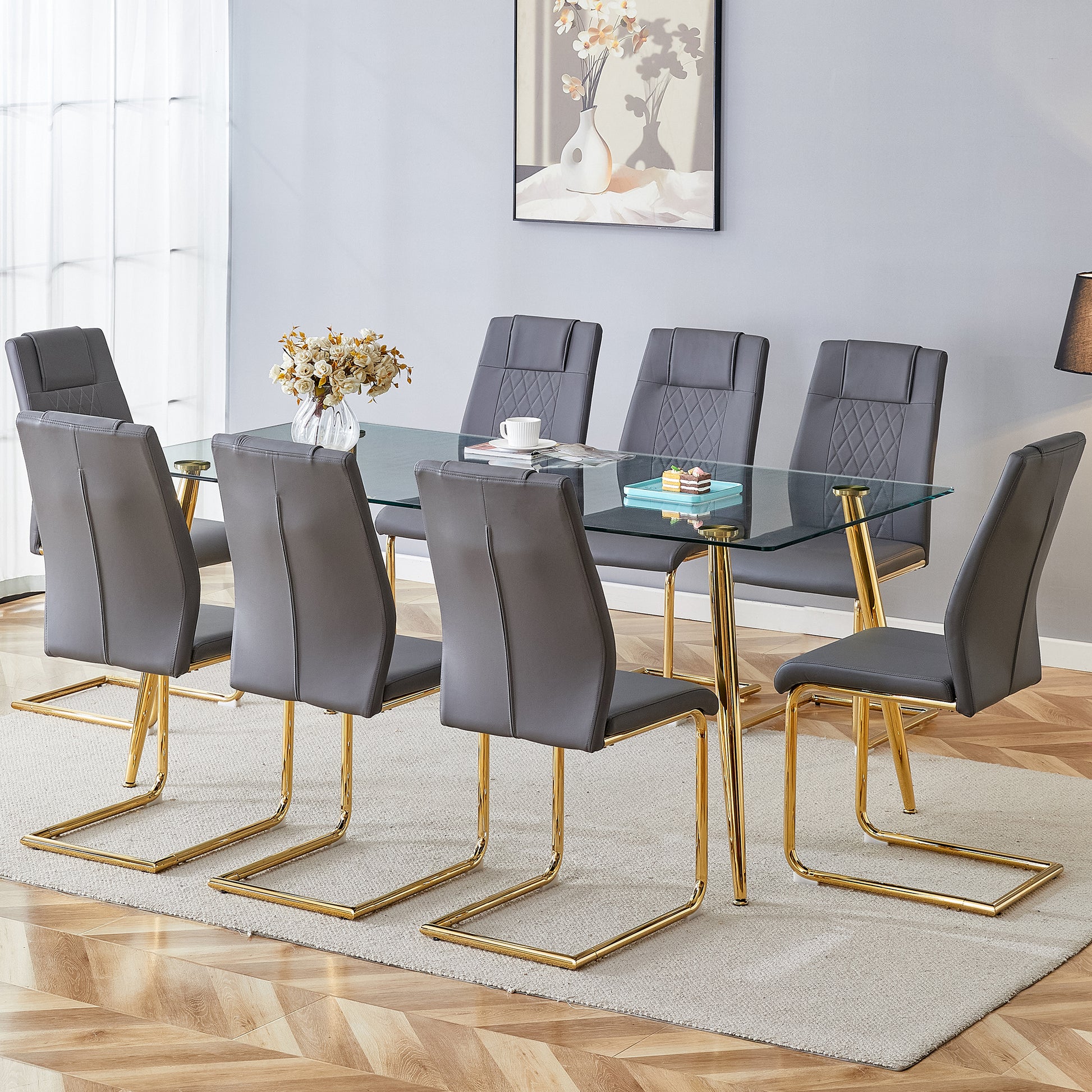 Table And Chair Set.Modern Rectangular Glass Dining Table With A Tempered Glass Tabletop And Metal Legs, Paired With Multiple Chairs Designed With Pu Cushions And Golden Metal Legs. Grey Gold Seats 8 Tempered Glass