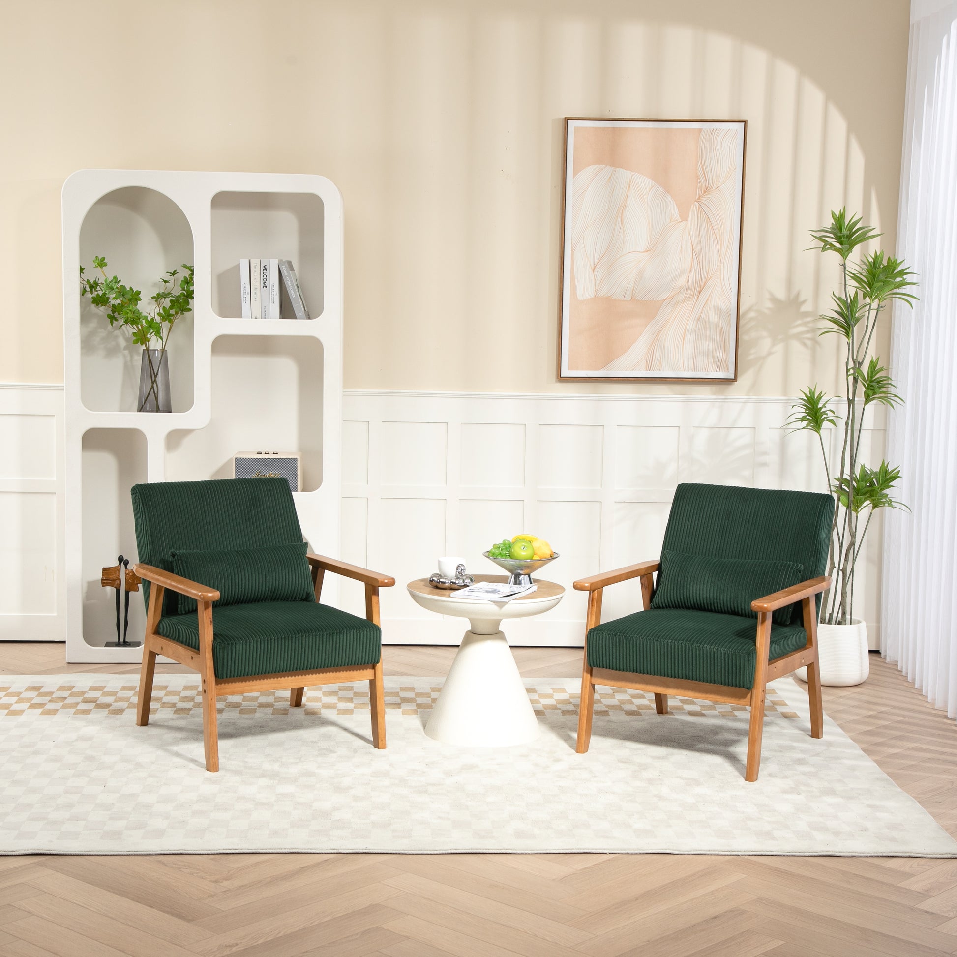 Leisure Chair With Solid Wood Armrest And Feet, Leisure Chair, Wood Frame, Velvet, Solid Rubber Wood Legs, Mid Century Modern Accent Chair, For Living Room Bedroom Studio Chair,Two Packs Emerald Corduroy