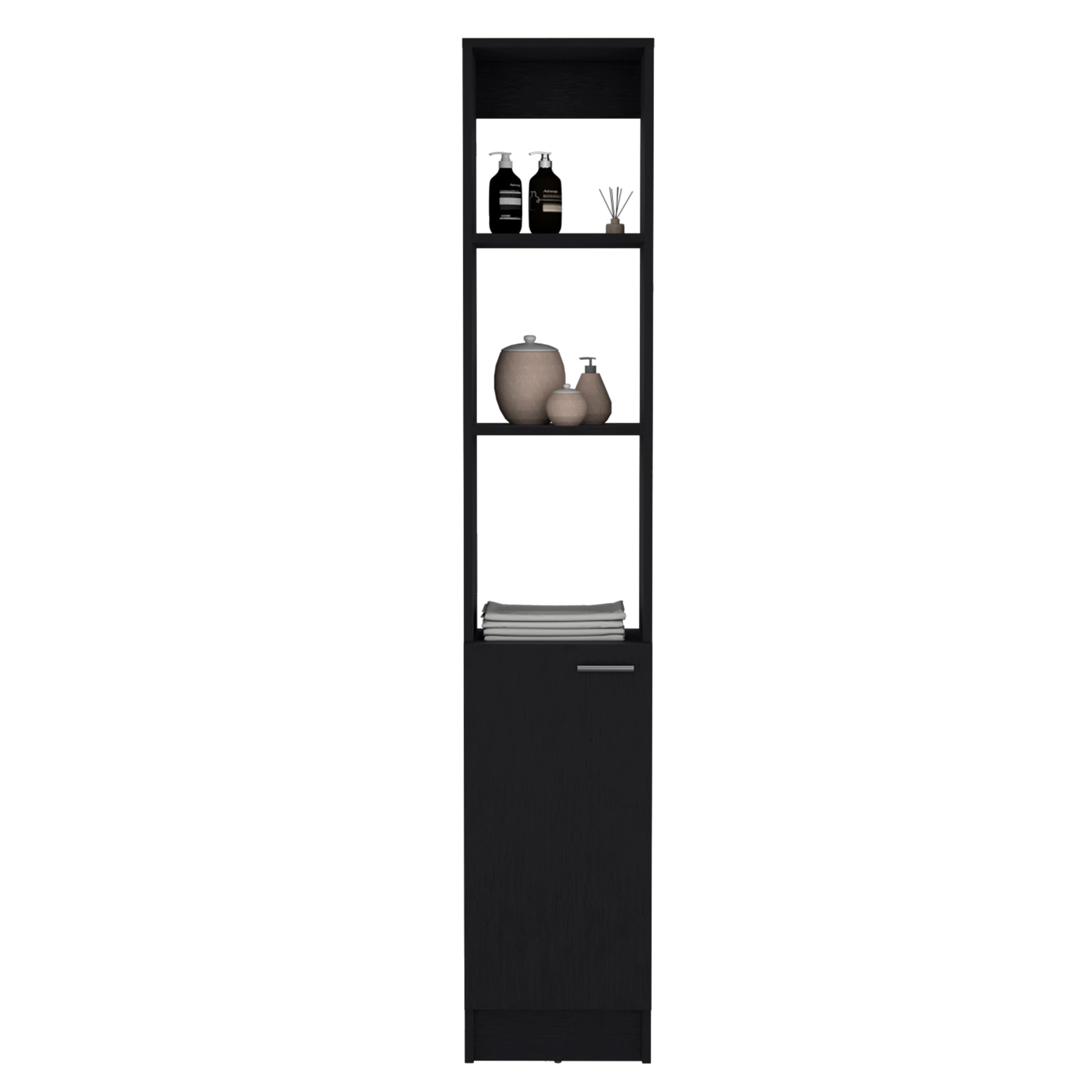 Linen Cabinet, 1 Door, 6 Shelves, Black Black Solid Wood Mdf Engineered Wood