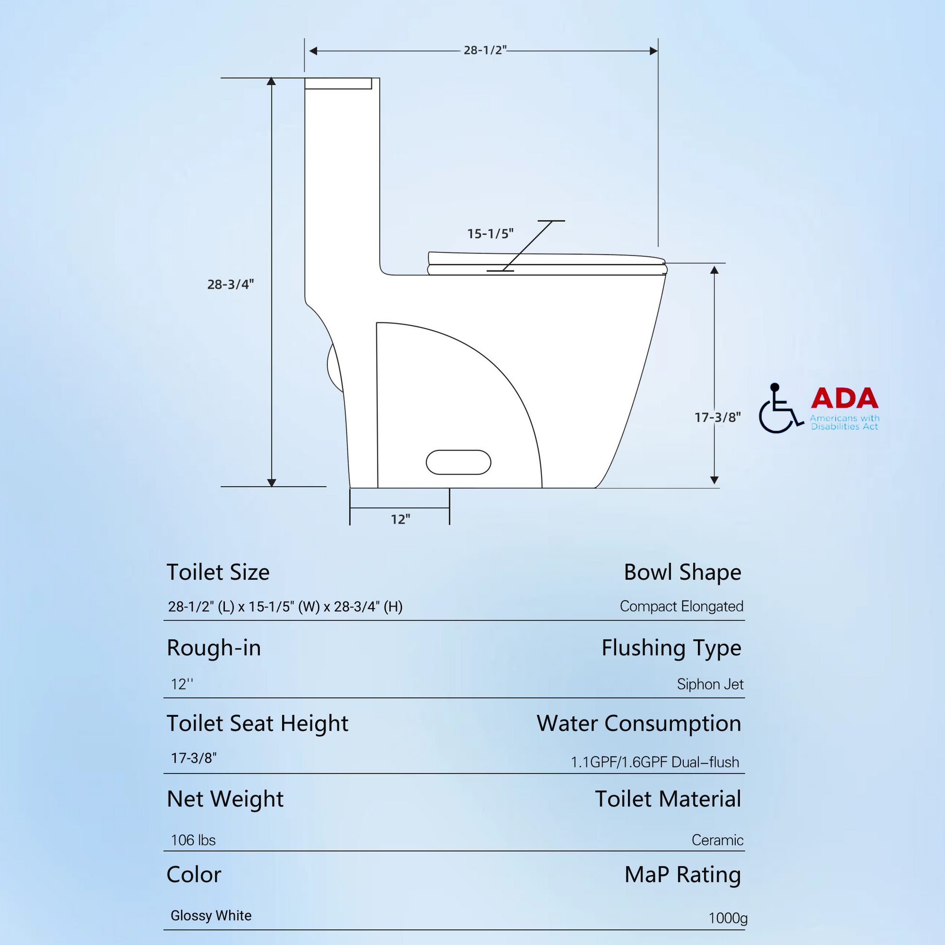 1.1 1.60 Gpf Dual Flush One Piece Toilet, Water Saving Elongated Comfort Height Floor Mounted, Soft Closing Seat, 1000 Gram Map Flushing Score Toilet, Gloss White 23T02 Gw 1 Gloss White Ceramic