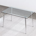 Table And Chair Set.Rectangular Dining Table With Tempered Glass Tabletop And Silver Plating Metal Legs.Paired With 6 Checkered Armless High Back Light Gray Chairs With Electroplated Metal Legs. Transparent Seats 6 Glass Metal