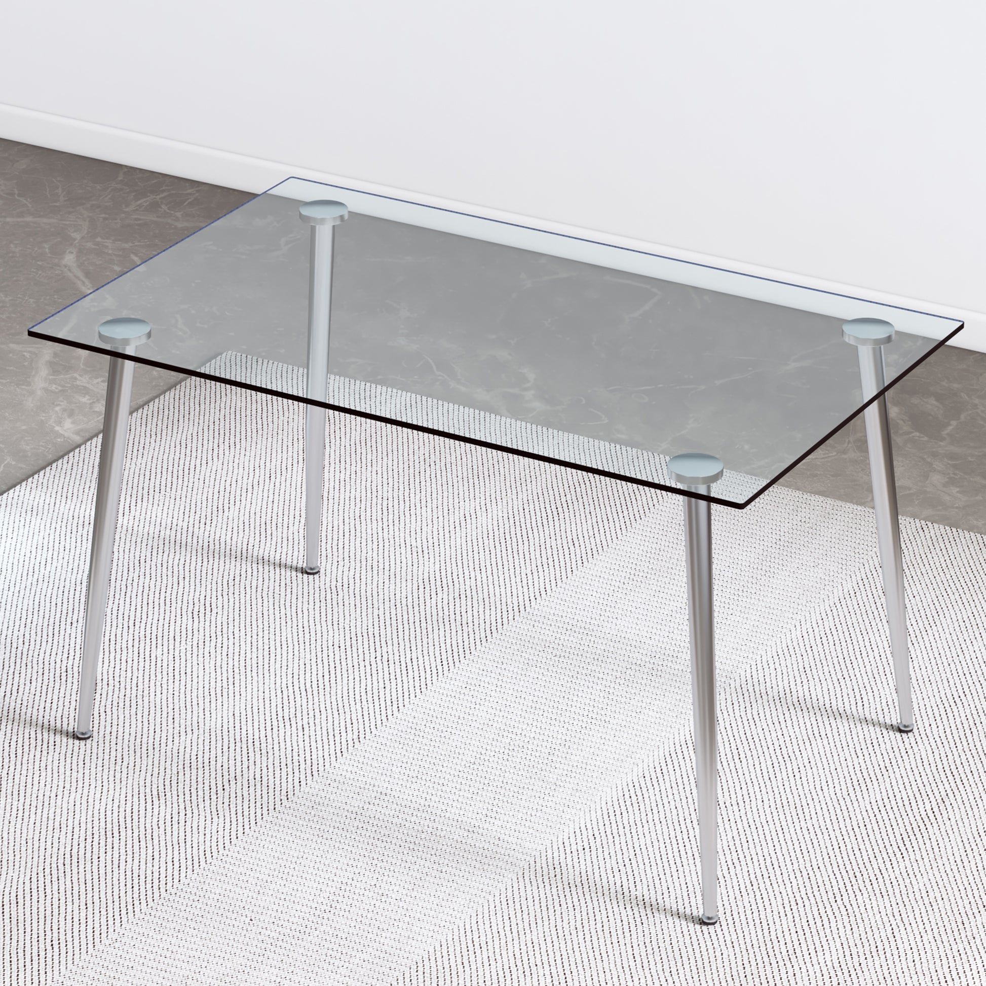 Table And Chair Set.Rectangular Dining Table With Tempered Glass Tabletop And Silver Plating Metal Legs.Paired With 6 Checkered Armless High Back Light Gray Chairs With Electroplated Metal Legs. Transparent Seats 6 Glass Metal