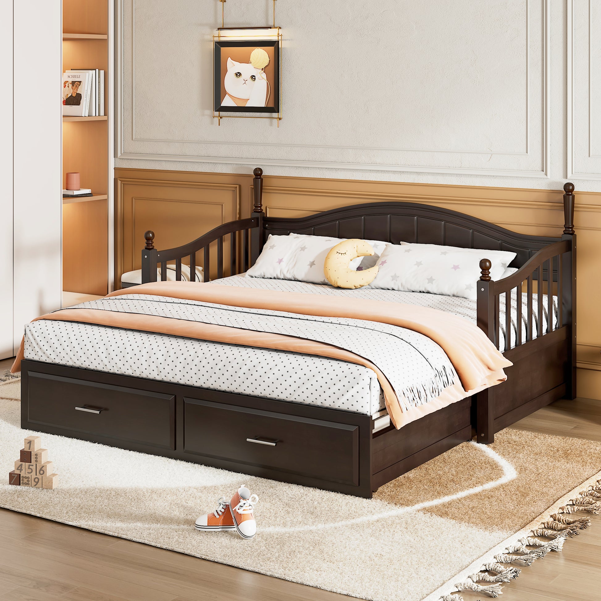 Wooden Twin Size Daybed With Twin Size Trundle, Extendable Daybed With Two Storage Drawers, Espresso Expected Arrival Time:9.12 Twin Espresso Wood