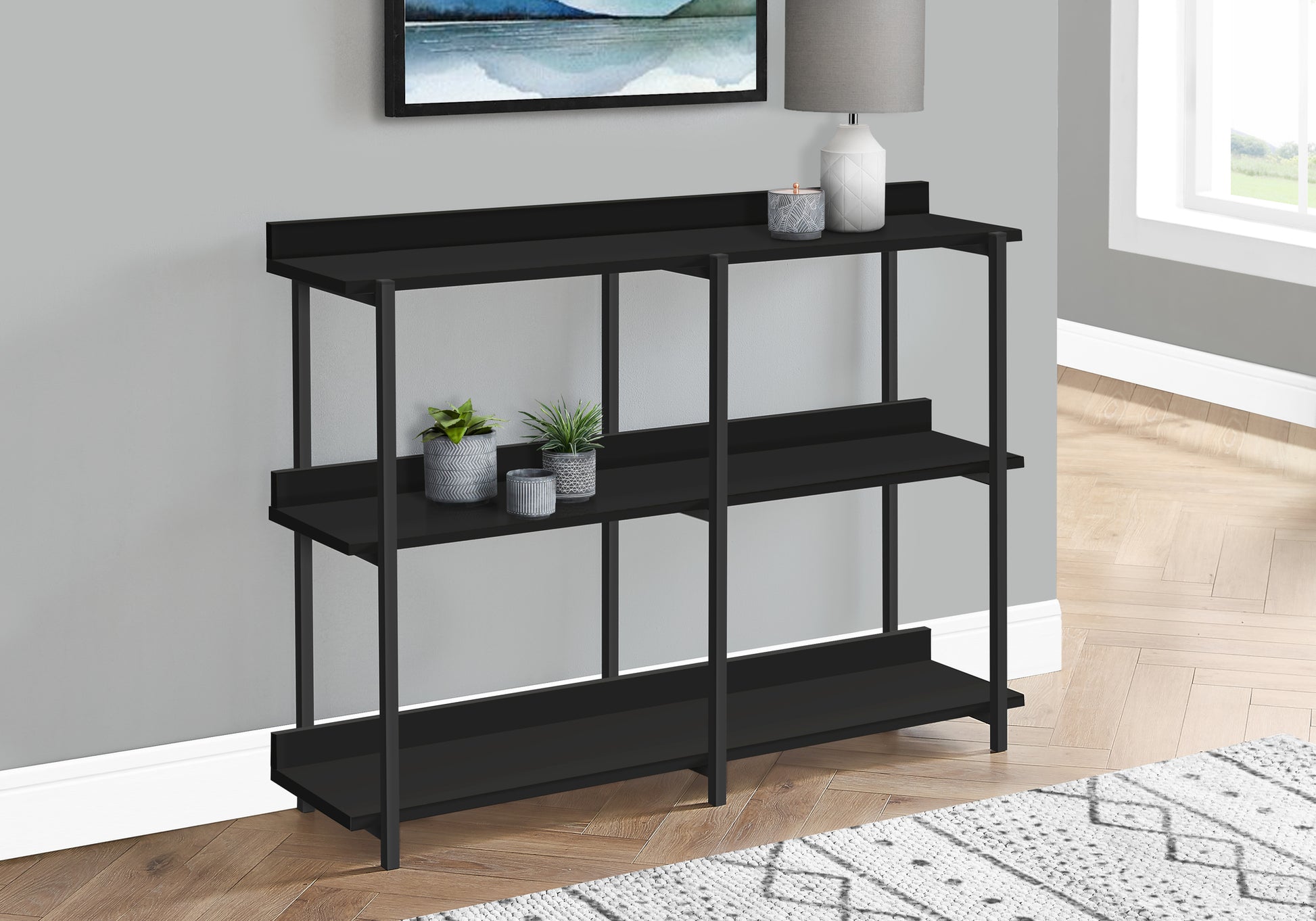 Accent Table, Console, Entryway, Narrow, Sofa, Living Room, Bedroom, Black Laminate, Black Metal, Contemporary, Modern Black Particle Board