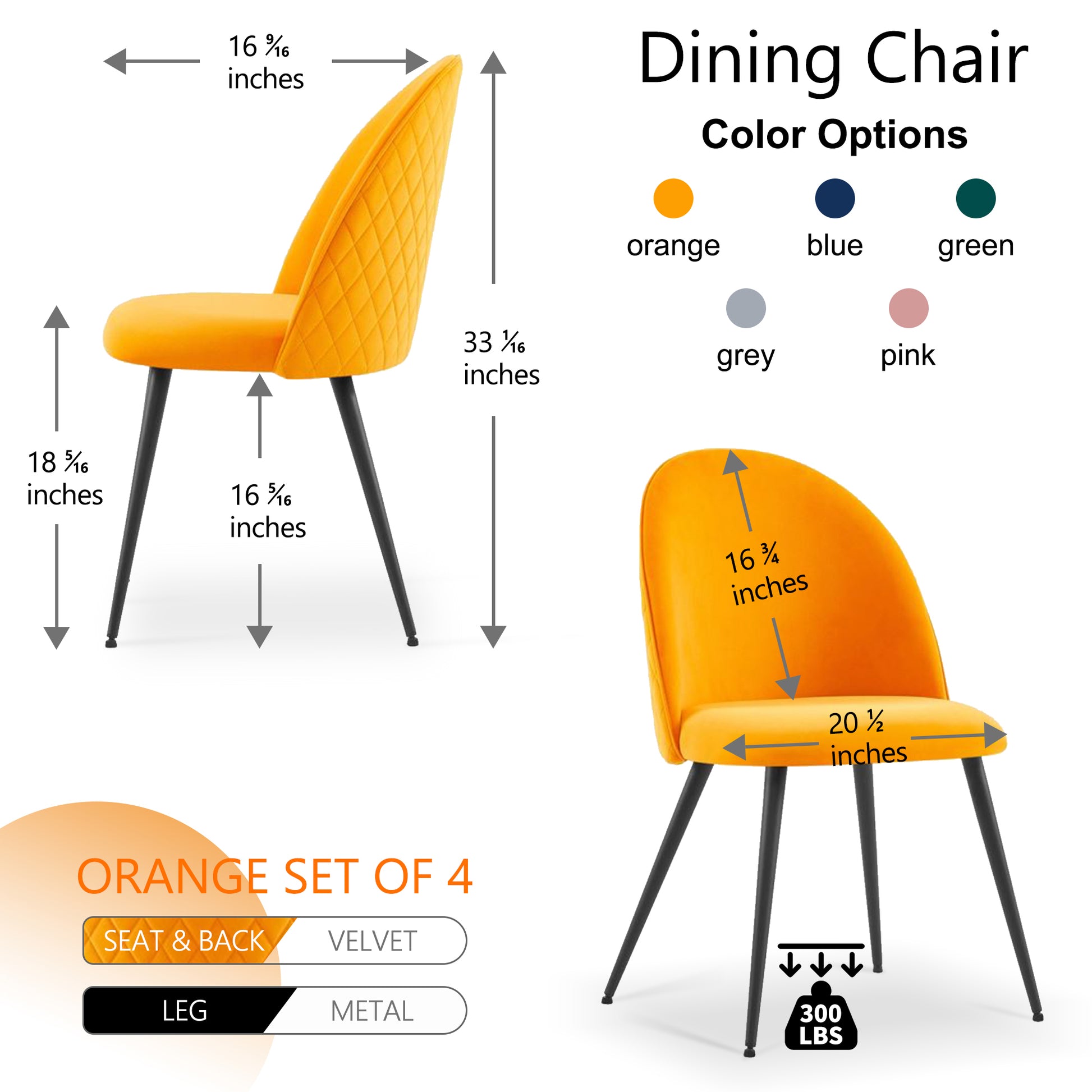 Dining Chair, Orange Velvet, Metal Black Legs, Set Of 4 Side Chairs Metal Plaid Orange Dining Room Powder Coated Foam Dry Clean Modern Dining Chairs Solid Back Foam Velvet