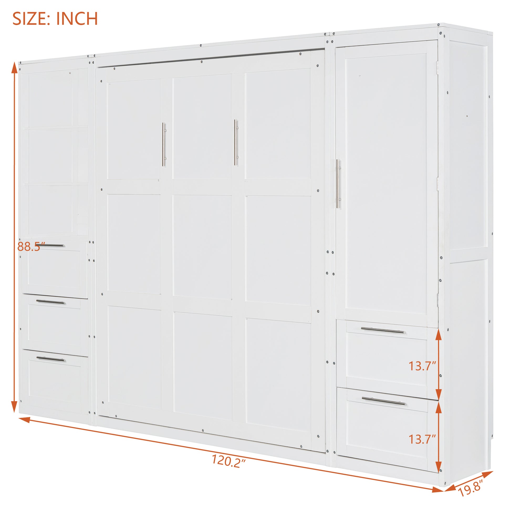 Queen Size Murphy Bed Wall Bed With Closet ,Drawers And Shelves,White Queen White Mdf Lvl