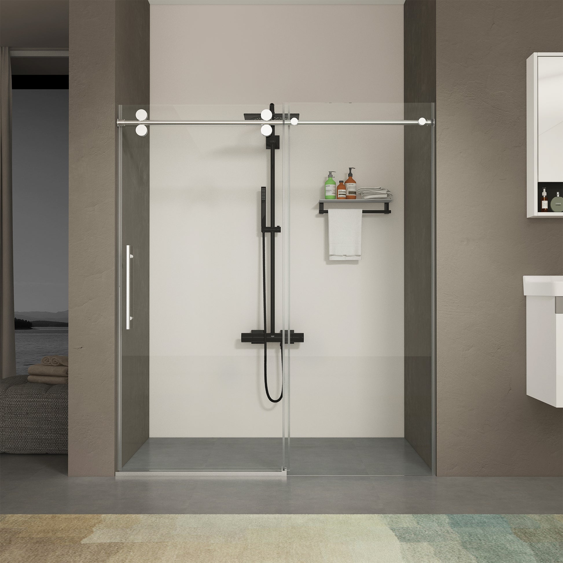 56" 60"W X 76"H Frameless , Sliding , With Premium 3 8" 10Mm Thick Tempered Glass Shower Enclosure ,Double Side Easy Clean Coat,Chrom Finished With Buffer Chrome Bathroom American Design Stainless Steel