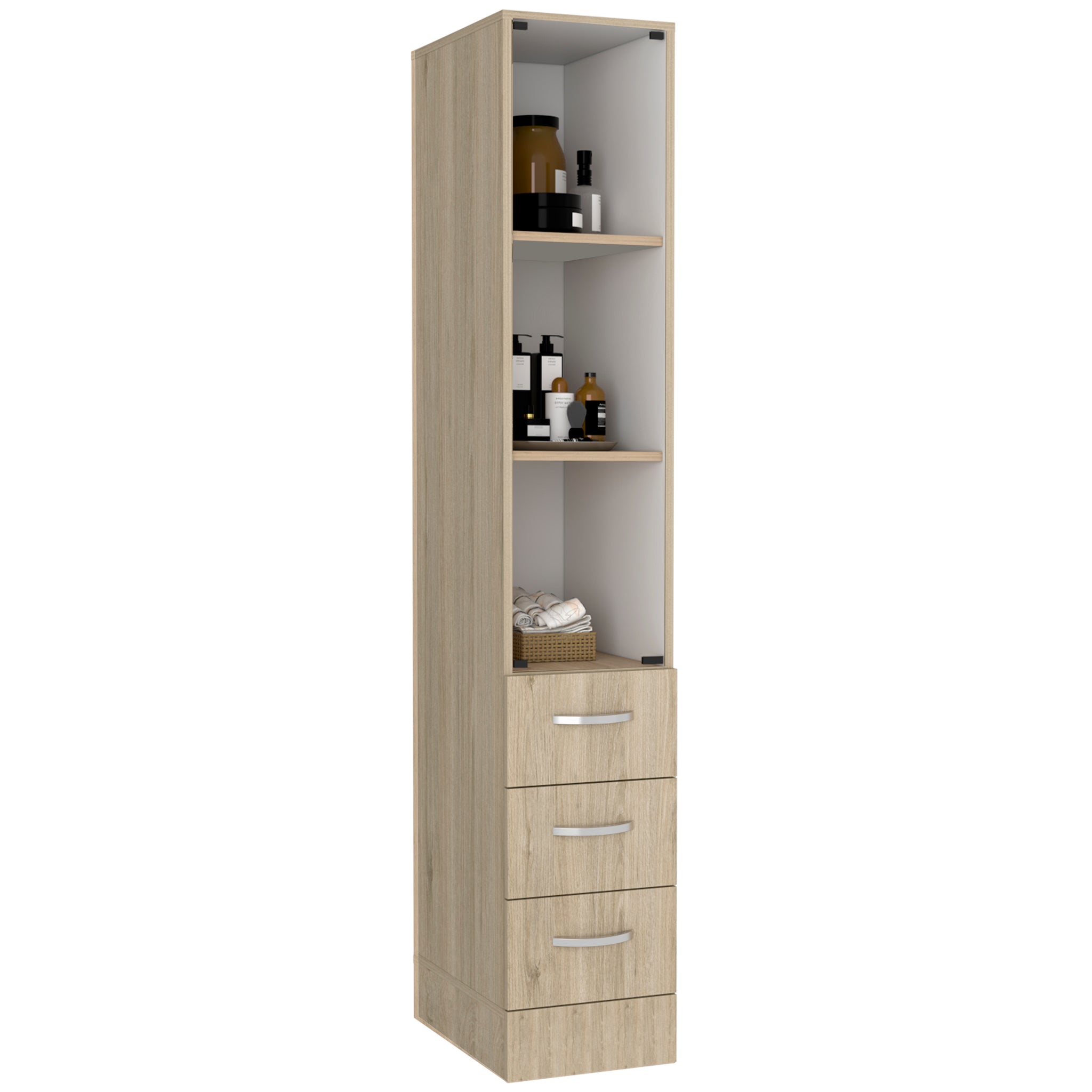 Linen Cabinet, Three Shelves, Four Drawers, Light Pine White Multicolor Solid Wood Mdf Engineered Wood