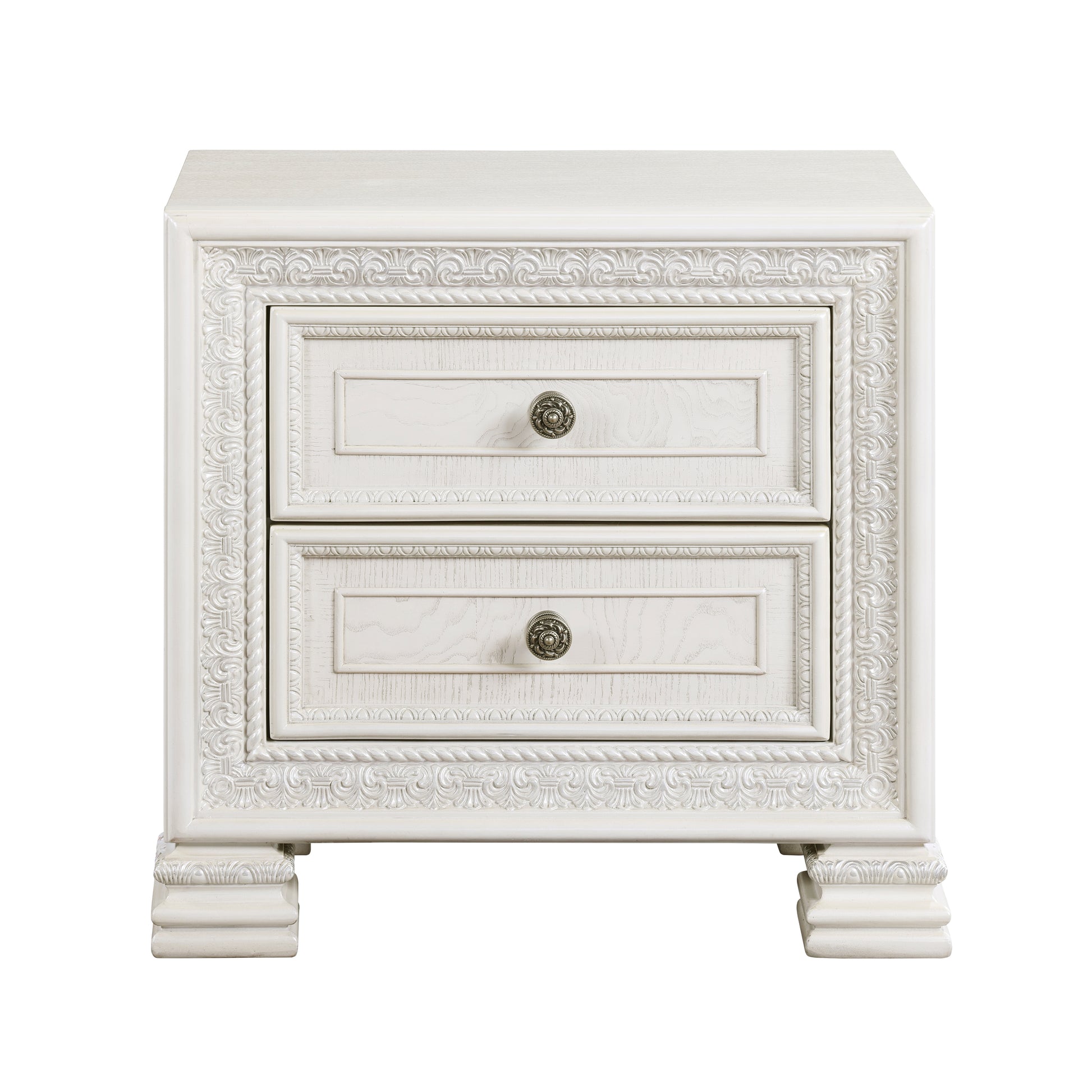 Classic Luxury Pearl White Finish Nightstand Of 2X Drawers Wooden Bedroom Furniture 1Pc, Dart Molding Design White 2 Drawers Wood