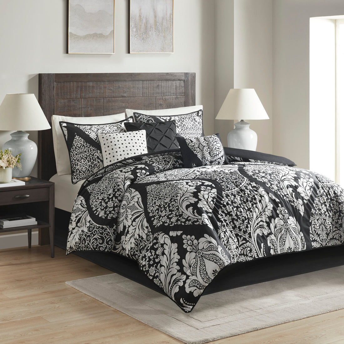 7 Piece Cotton Printed Comforter Set Black King King Black Polyester