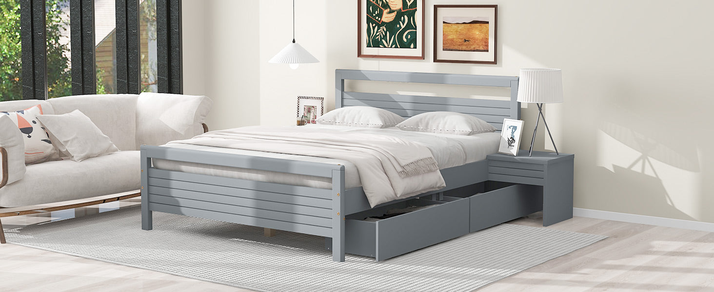 Queen Size Wooden Platform Bed With 2 Storage Drawers And 2 Bedside Tables, Gray Queen Gray Pine