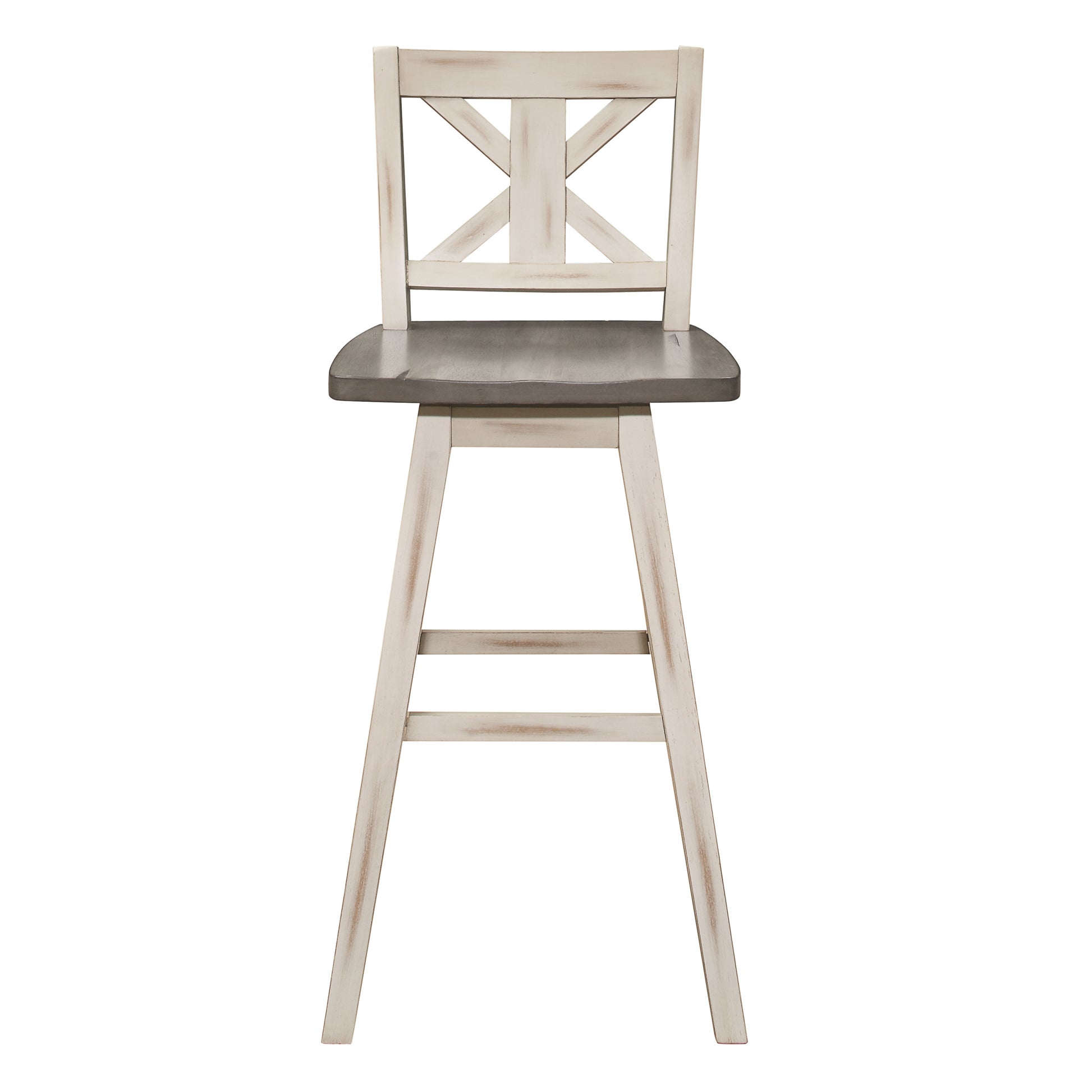 Pub Height Chairs Set Of 2, Distressed Gray And White 360 Degree Swivel Chair Solid Rubberwood Furniture, X Back Bar Chairs White Gray Dining Room Rustic Cross Back Solid Wood