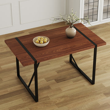 Industrial Rectangular Mdf Walnut Color Wood Grain Dining Table For 4 6 People With 1.5 Inch Thick Mdf Top And Black Metal Legs For Desks, Kitchens, Patios, Dining Rooms. Walnut Mdf