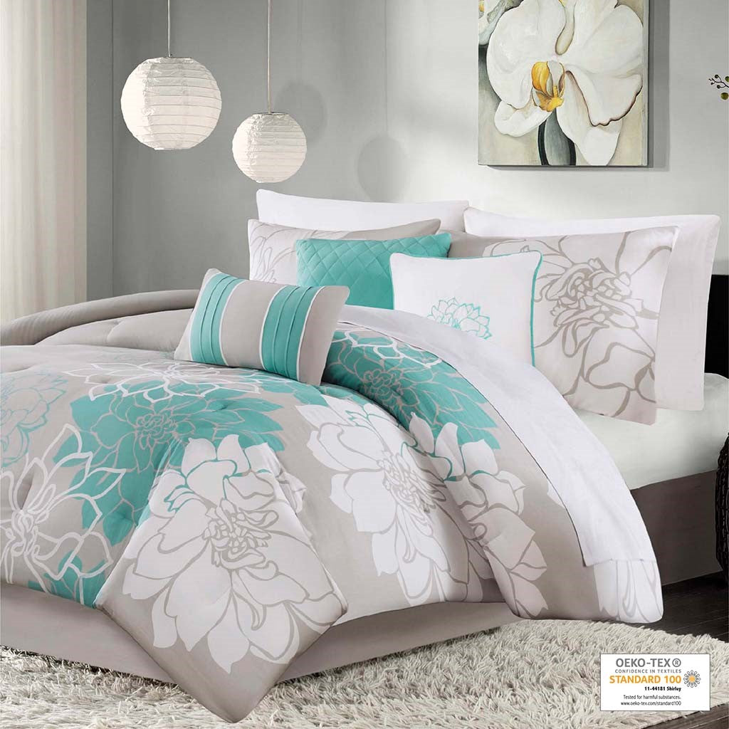 Printed Cotton Sateen Comforter Set Aqua Queen Queen Aqua Cotton