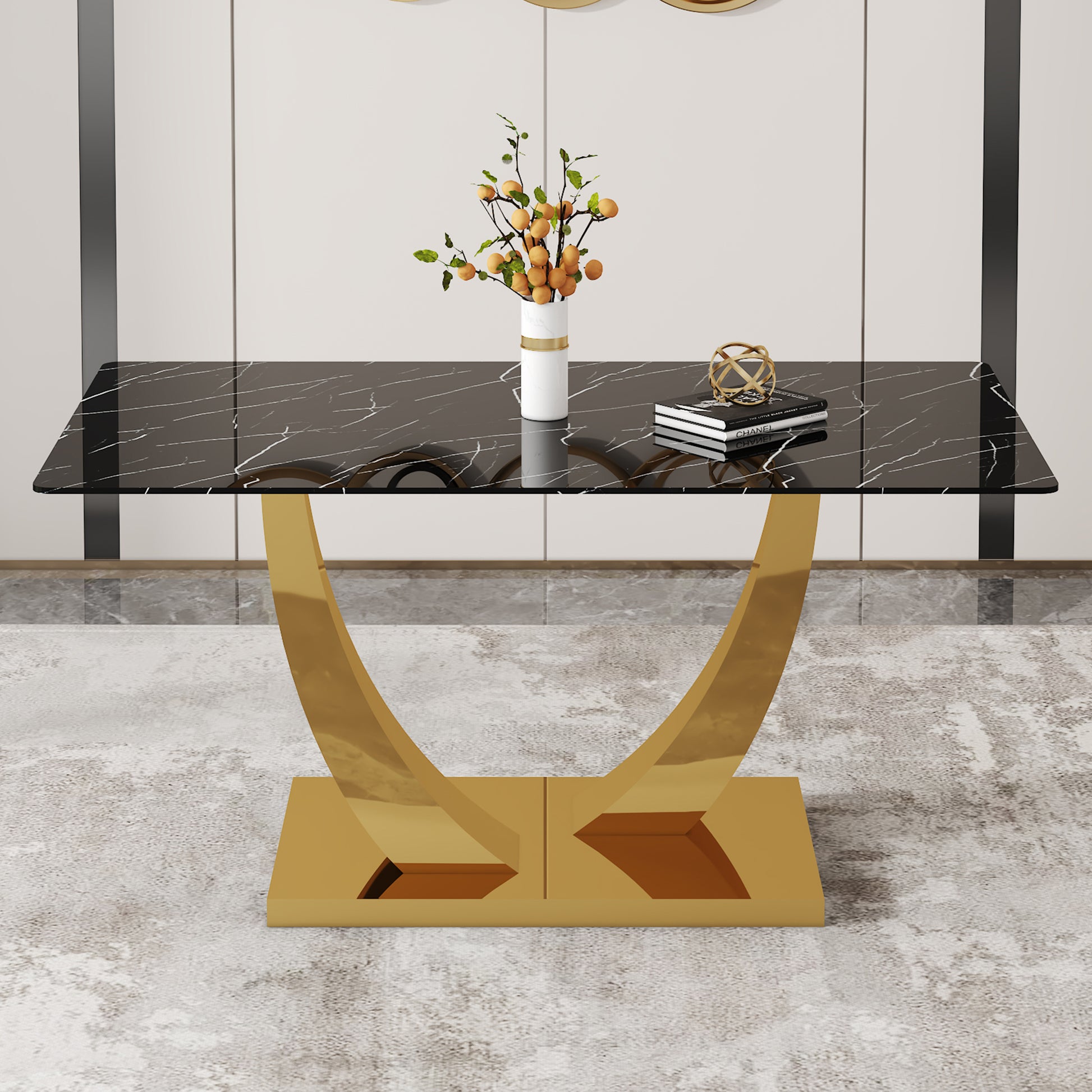 Modern Minimalist Rectangular Glass Dining Table, 0.4 "Thick, Black Sticker Glass Tabletop, Gold Plated Metal Legs. Used In Kitchens, Restaurants, And Living Rooms 63"*35.4"*30" F 1548 Black Gold