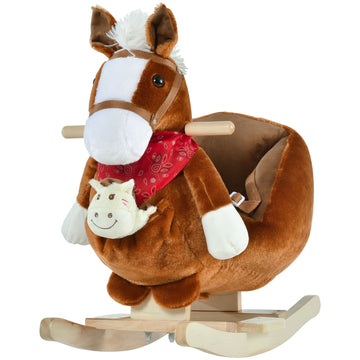 Qaba Kids Ride On Rocking Horse Toy, Rocker With Lullaby Song, Hand Puppets & Soft Plush Fabric For Children 18 36 Months, Brown Brown Polyester