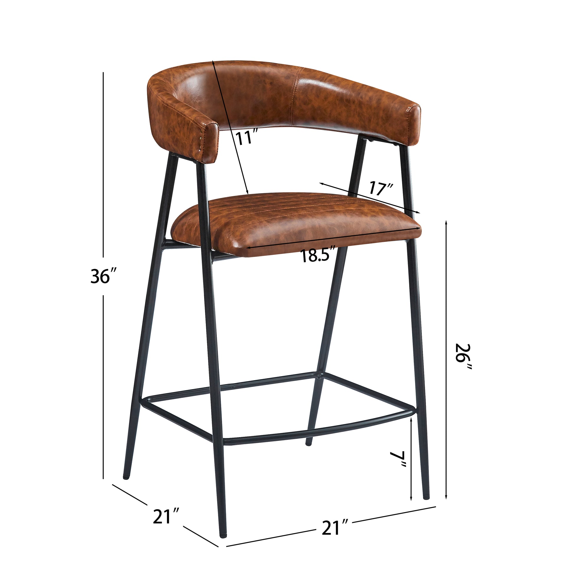 26'' Counter Stools Set Of 2, Pu Upholstered Counter Stools With Iron Frame, Backrest, Footrest, Arm Counter Stools For Home Bar, Kitchen Counter, Brown Iron Brown Kitchen Sponge Traditional Set Of