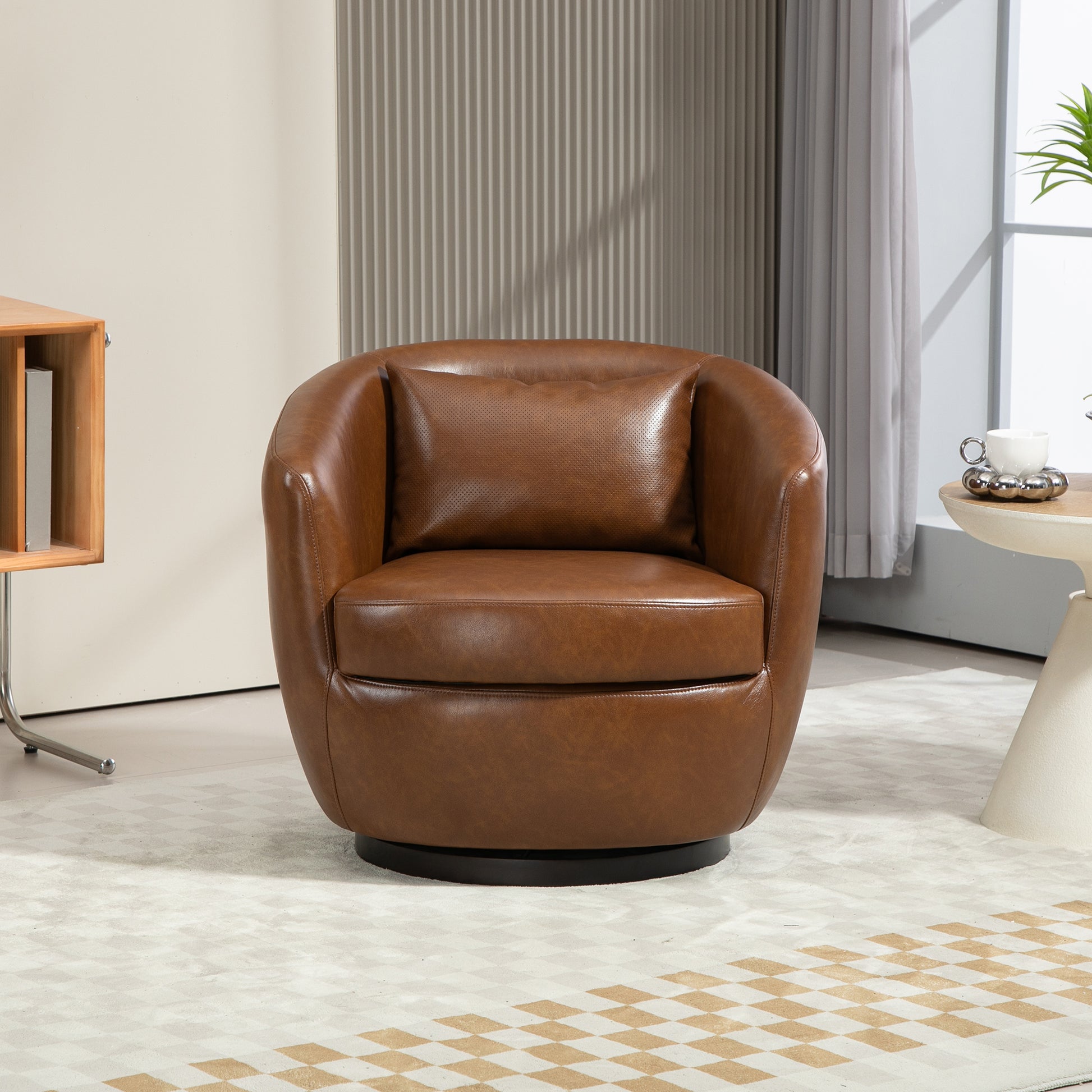 Upholstered Swivel Barrel Armchair With Storage Modern Living Room Side Chair For Bedroom Office Reading Spaces Pu Light Brown Light Brown Upholstered