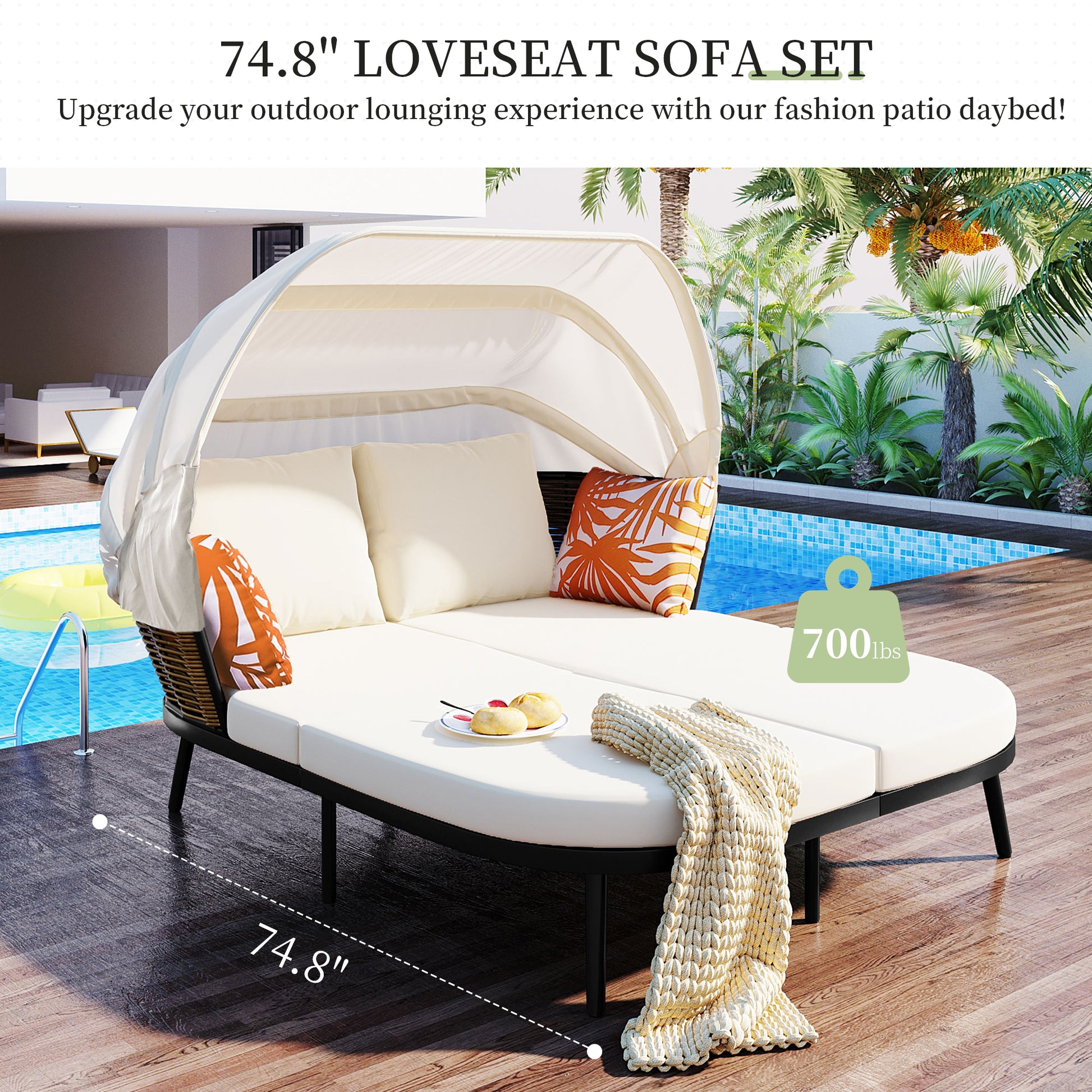 74.8" L Patio Daybed With Retractable Canopy, Outdoor Rattan Pe Wicker Back Loveseat Sofa Set With Throw Pillows And Cushions For Backyard, Poolside, Garden, Beige Yes Lounge Beige Weather Resistant Frame Water Resistant Cushion Garden & Outdoor Complete