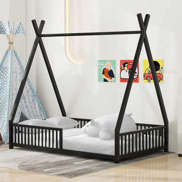 Metal Twin Size House Platform Bed With Triangle Structure And Guardrail, Black Box Spring Not Required Twin Black Metal Metal