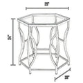 Slade 26 Inch Side End Table, Hexagonal Glass Top, Geometric Base, Chrome Chrome Glass Metal