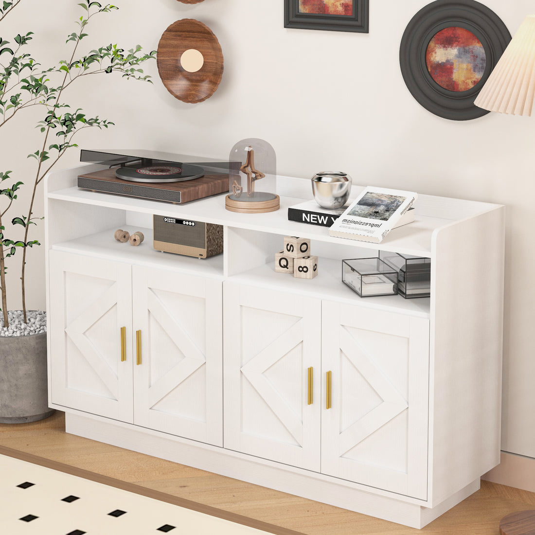 Dresser Cabinet,Barcabinet,Buffet Sideboard Storage Cabinet,Buffet Server Console Tablestorge Cabinetsolid,For Dining Room,Living Room,Kitchenhallway,Shaped Door Panels, Gold Metal Handle,Color: White Standard 5 Or More Spaces Distressed Finish White