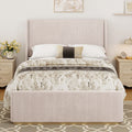 King Size Corduroy Upholstered Bed Frame With Vertical Stripe Wingback Headboard And High Footboard, Pink Pink Wood